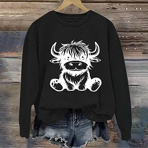 Пуловер Komiseup Базовый Лонгслив Винтажный с коровьим принтом Свитшот Спортивный без капюшона Свободный Повседневный Праздничный с животным принтом Спортивная рубашка для девочек-подростков Streetwear 09 synthetic.ua - Фото 1