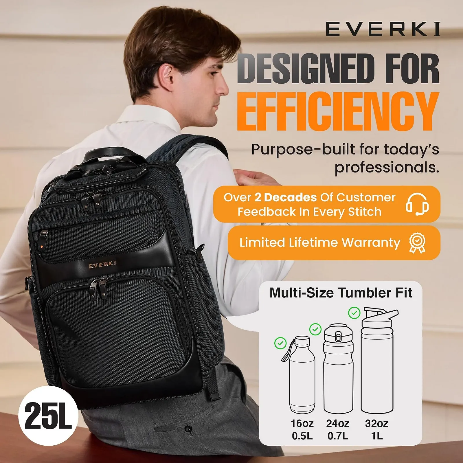 Бізнес-рюкзак Everki Onyx Ballistic Nylon and Leather 15.6 inches Black, фото №3