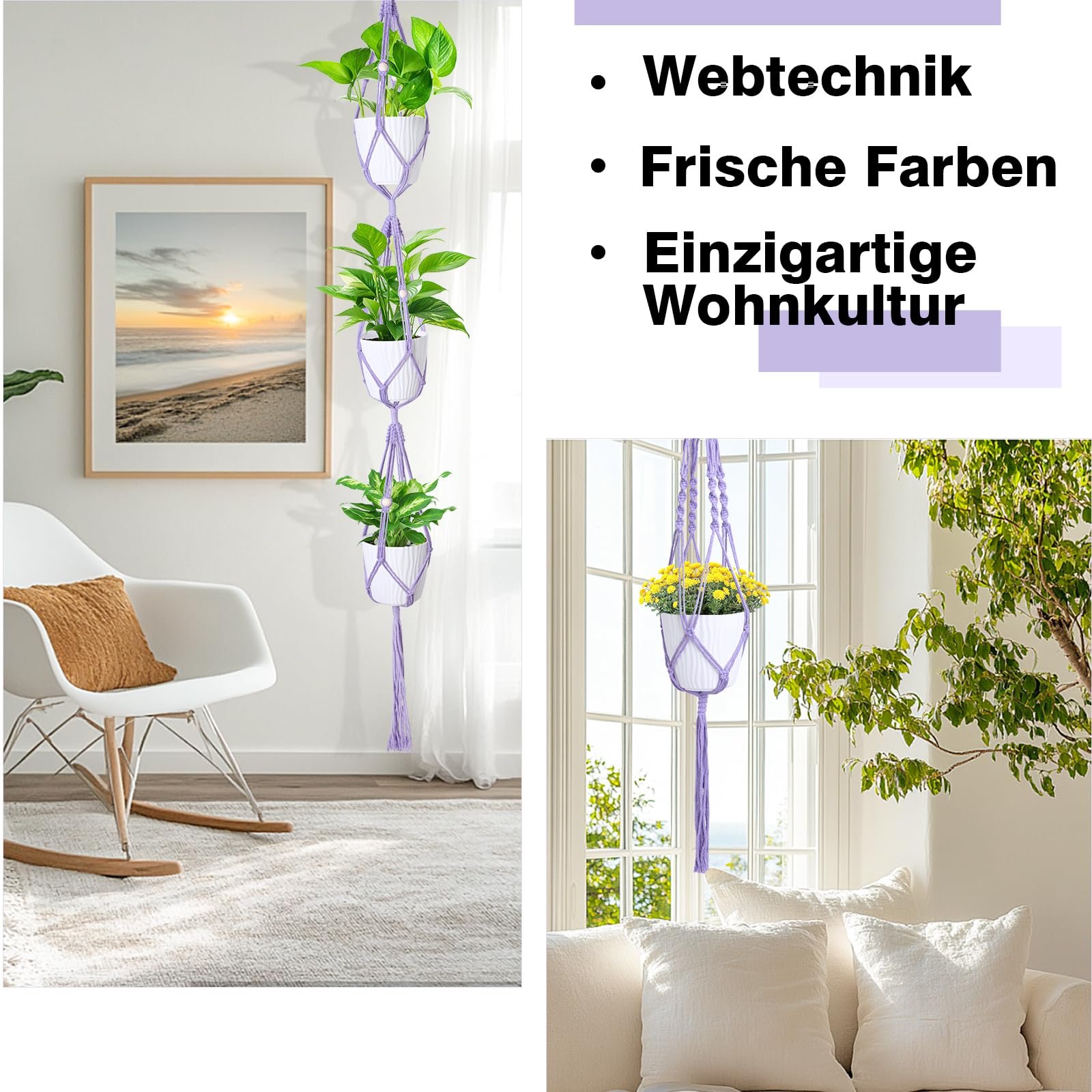 Підвісні кошики макраме XXXFLOWER Бавовняна мотузка Фіолетовий 3 шт., фото №3 Підвісні кошики макраме XXXFLOWER Бавовняна мотузка Фіолетовий 3 шт., фото №3