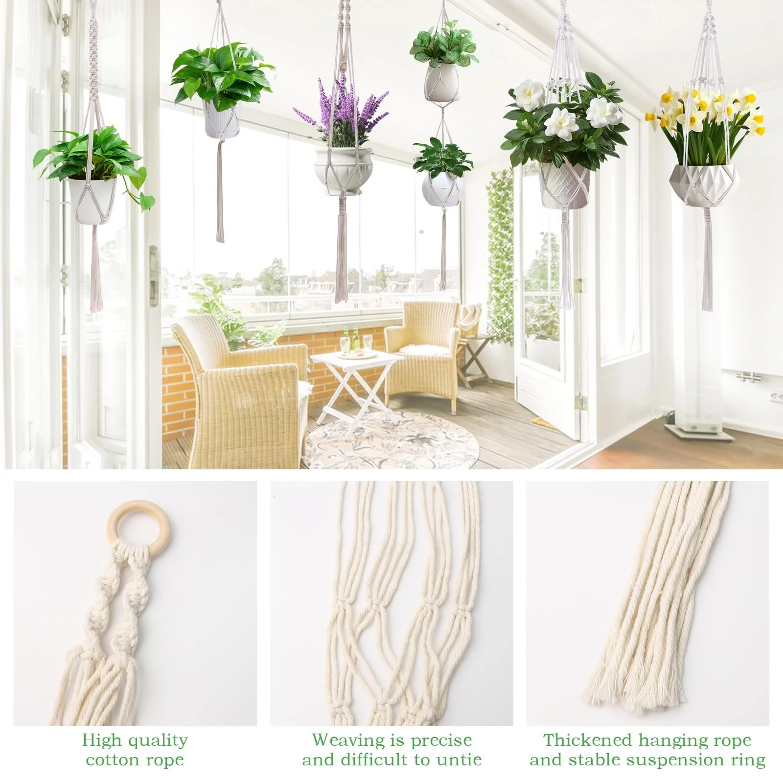 Підвісні кошики макраме Набір 6 шт з 6 гачками Бавовняна мотузка Бохо-стиль, фото №3 Підвісні кошики макраме Набір 6 шт з 6 гачками Бавовняна мотузка Бохо-стиль, фото №3