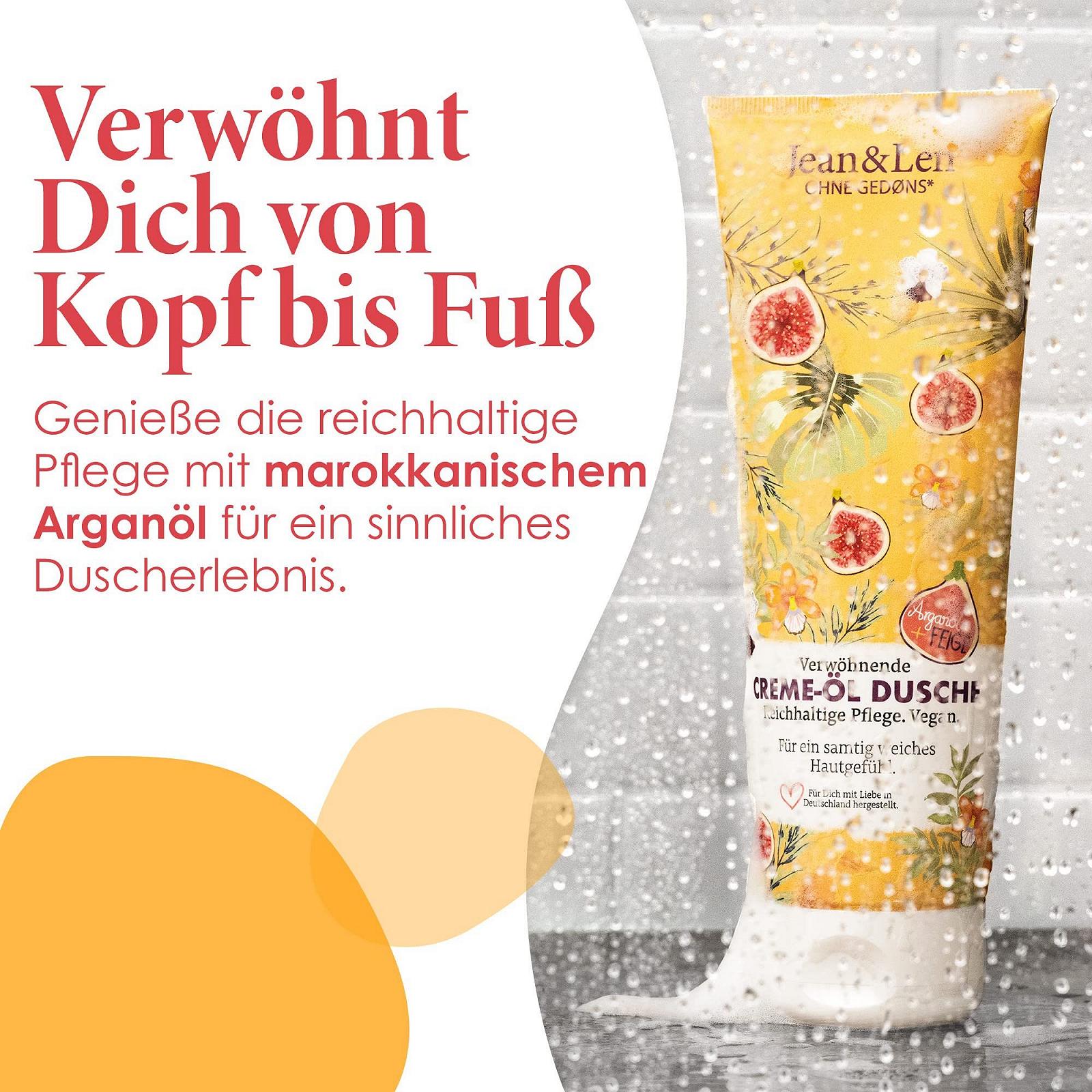 Гель-олія для душу Jean & Len Pampering Cream Oil Argan Oil & Fig арганова олія та інжир 2 x 250 мл, фото №3 Гель-олія для душу Jean & Len Pampering Cream Oil Argan Oil & Fig арганова олія та інжир 2 x 250 мл, фото №3