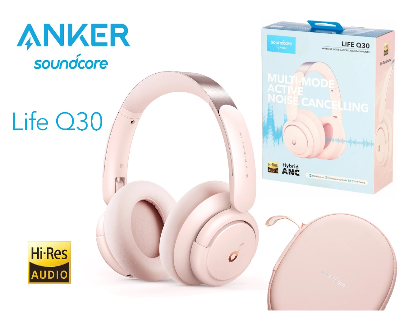 Наушники Anker Soundcore Life Q30 Pink Hi-Res Audio ANC BT5 40H NFC, фото №1