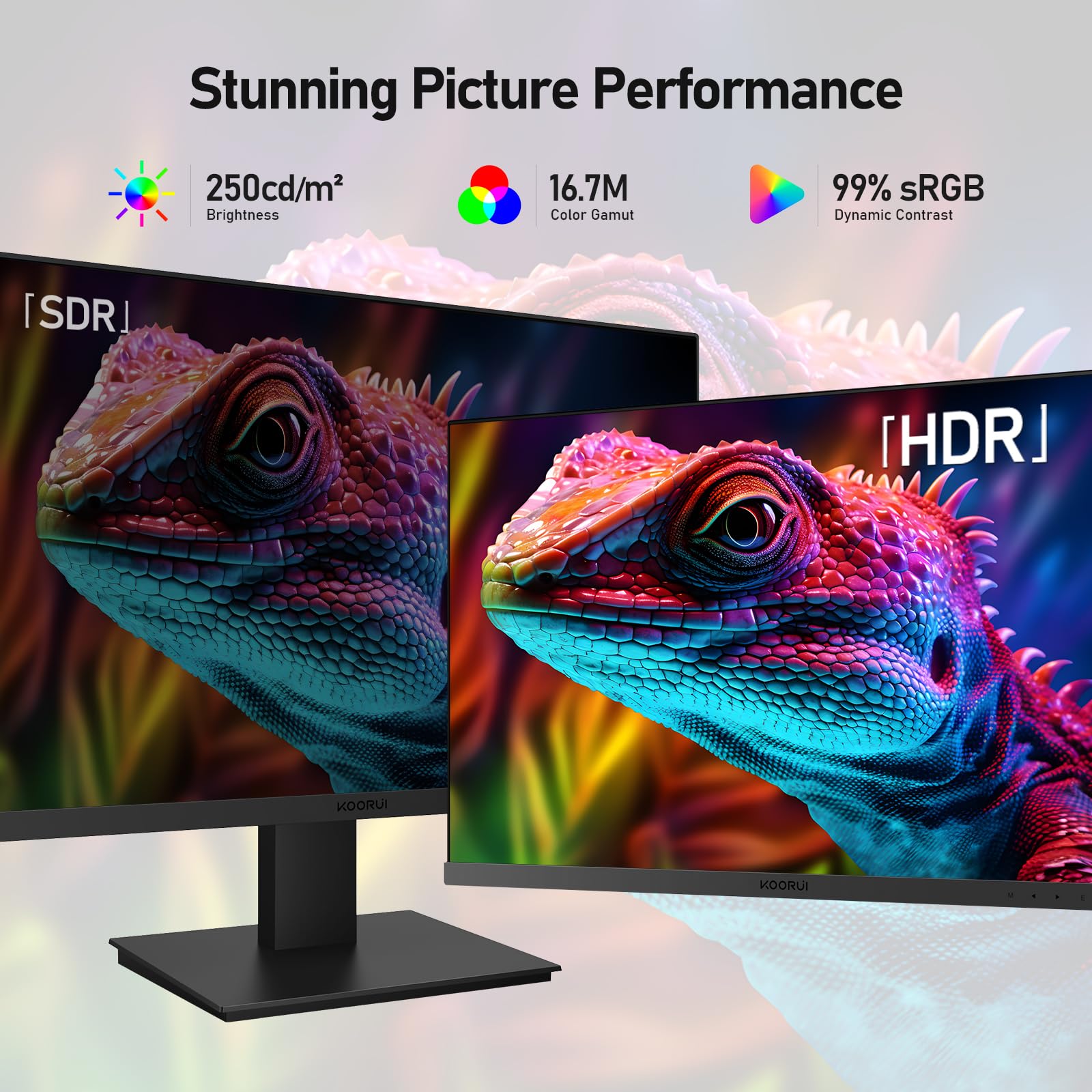 Монитор KOORUI Gaming Screen 27 дюймов 100 Hz Full HD (1920 x 1080) с встроенными динамиками, HDMI, IPS дисплей, регулируемый наклон, защита для глаз, VESA крепление на стену, фото №2