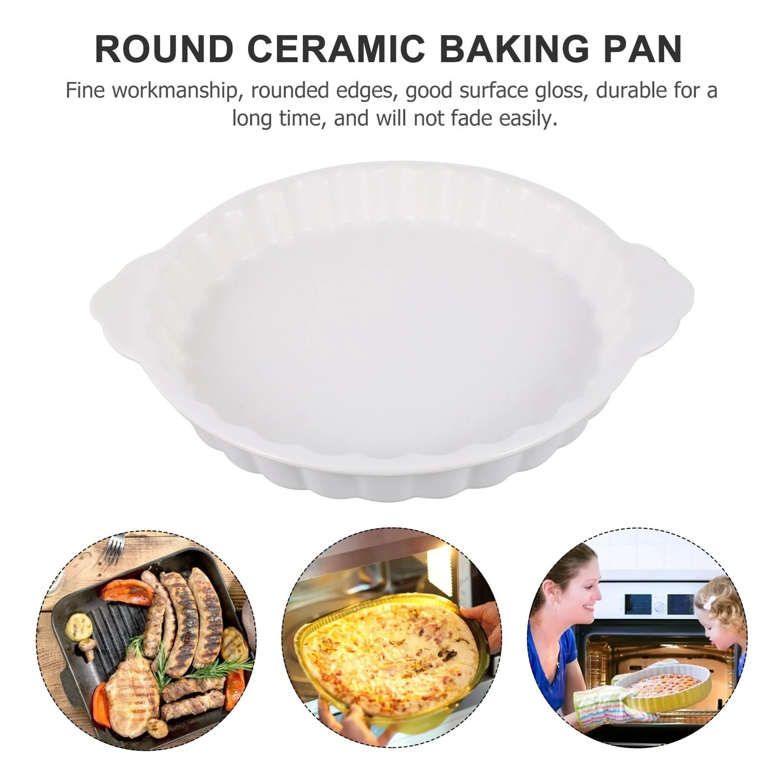 Форма для запекания керамическая круглая с двойными ручками ретро дизайн белая, фото №9