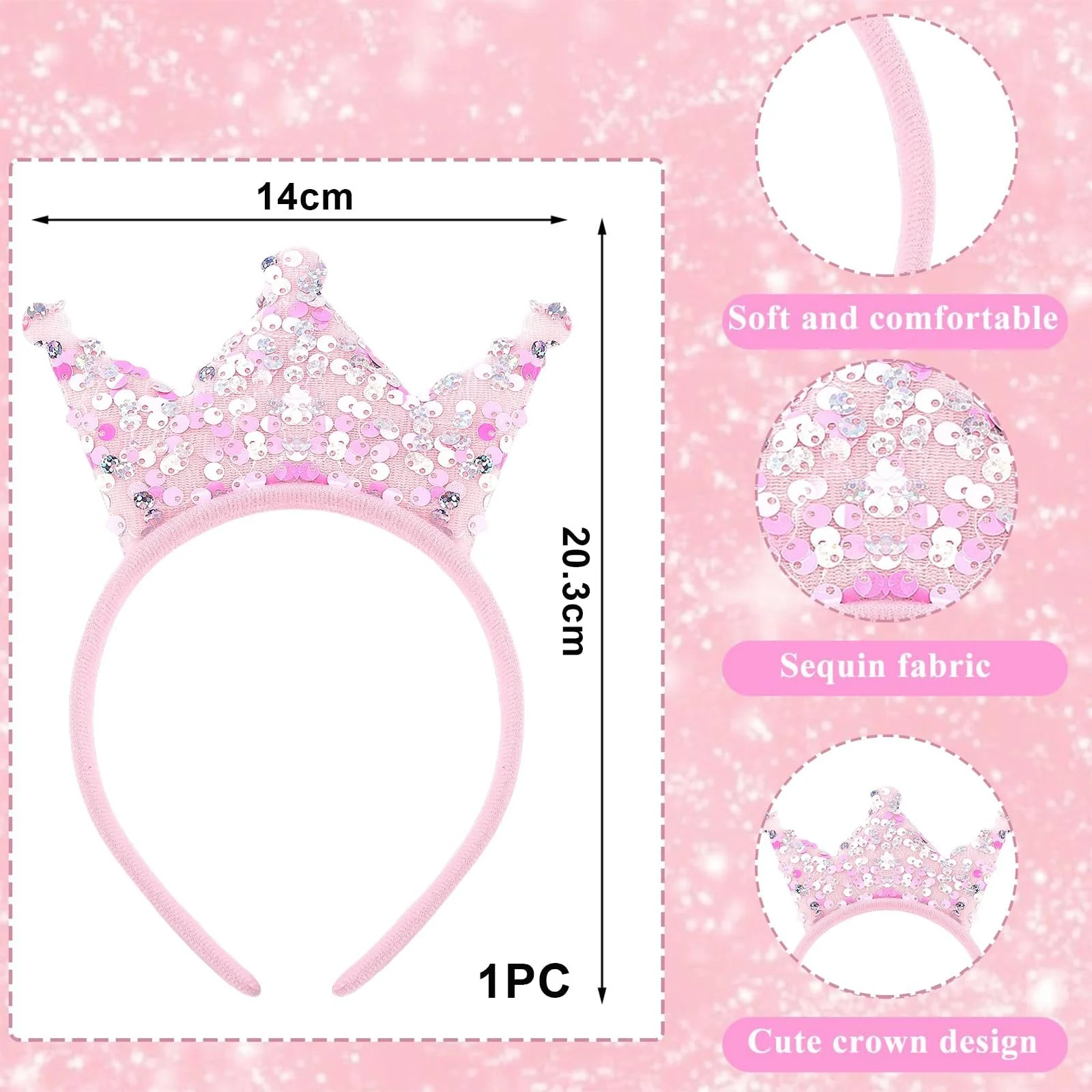 Обруч для волос Корона Блестки Розовый, фото №2