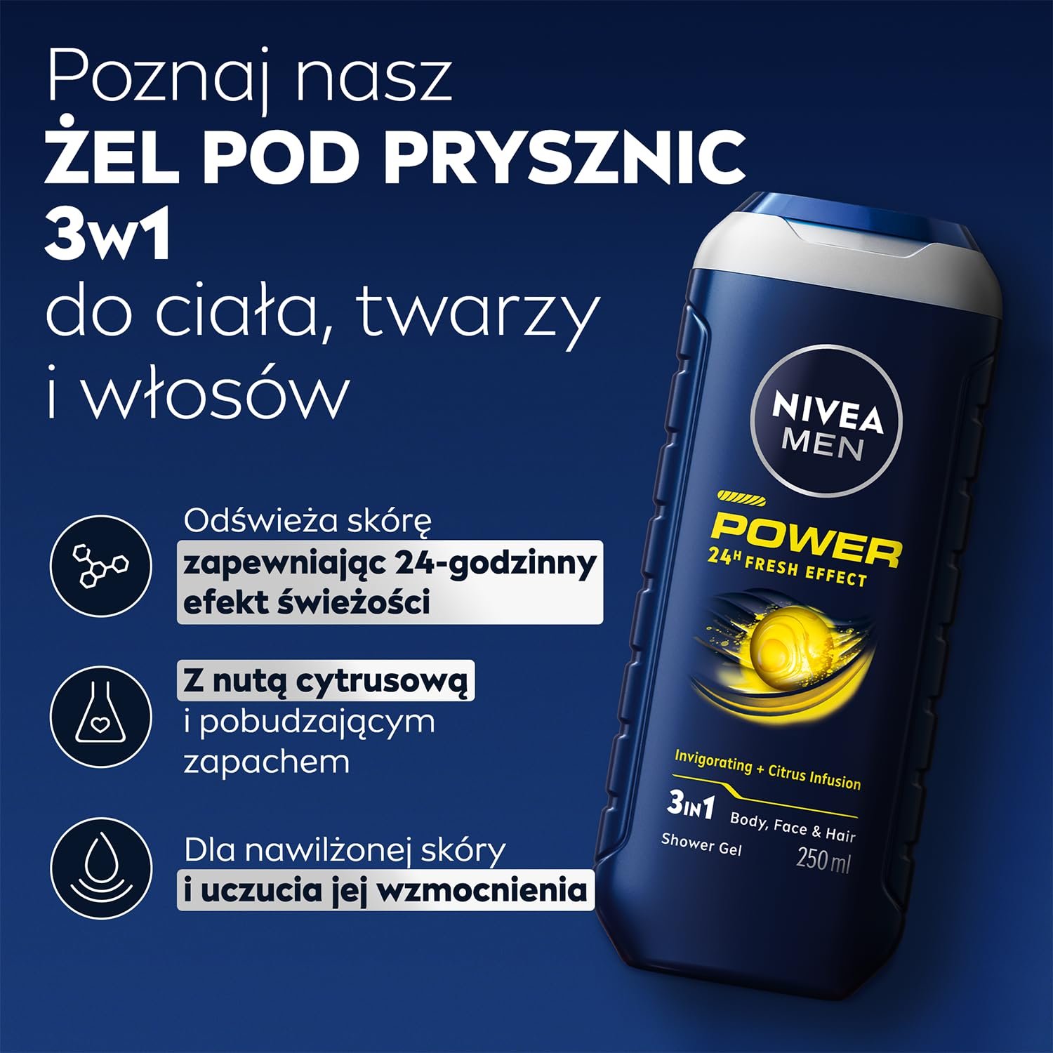 Стимулирующий гель для душа NIVEA MEN Power 24 H Fresh Effect 3-in-1 500 мл, фото №2