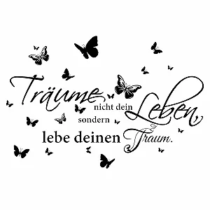 Купити Наклейка на стіну Träume nicht dein Leben, sondern lebe deinen Traum з метеликами чорна - Фото 1 Наклейка на стіну Träume nicht dein Leben, sondern lebe deinen Traum з метеликами чорна - Фото 1