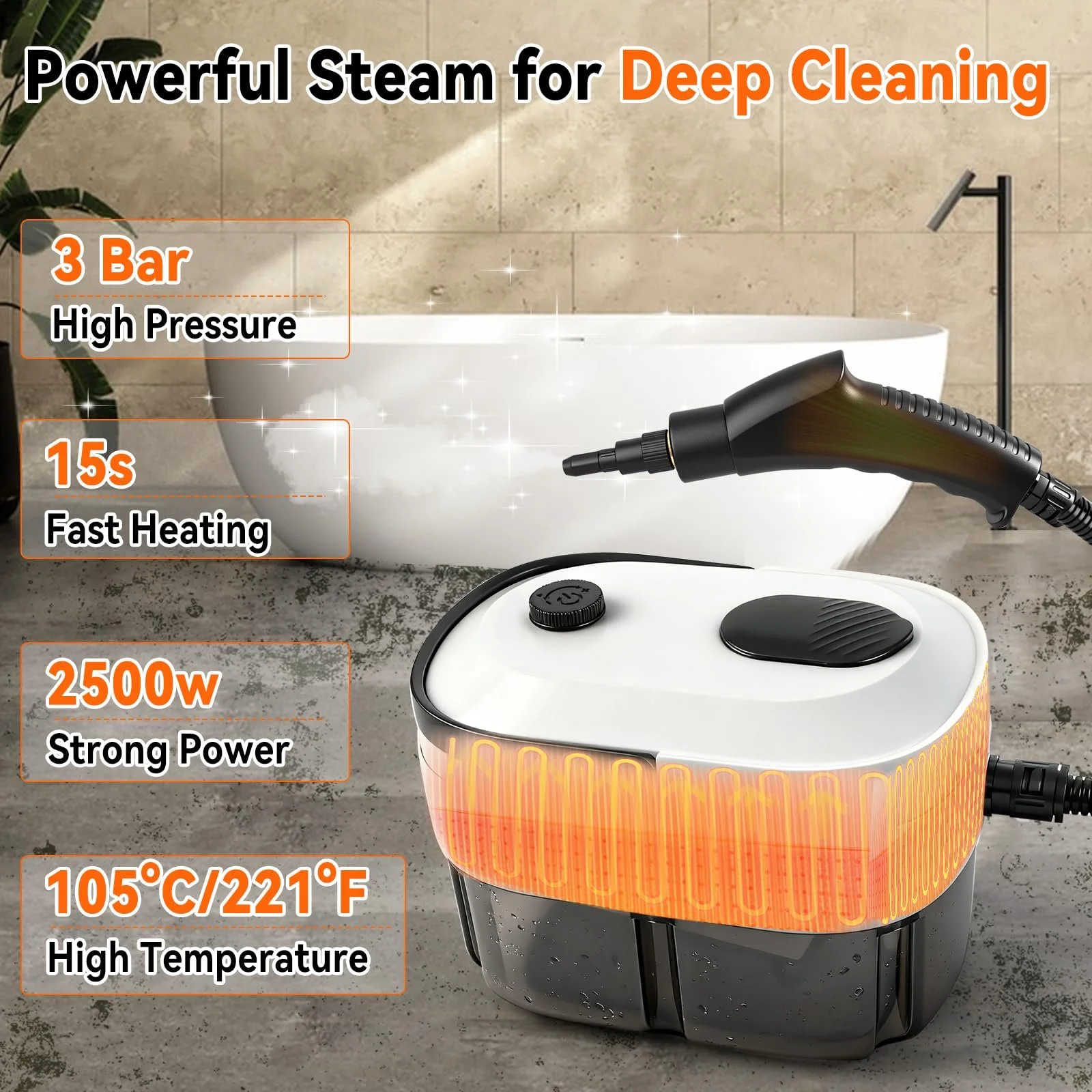 Пароочисник ручний 2500 Вт 1.6 л 3 рівні регулювання портативний, фото №2