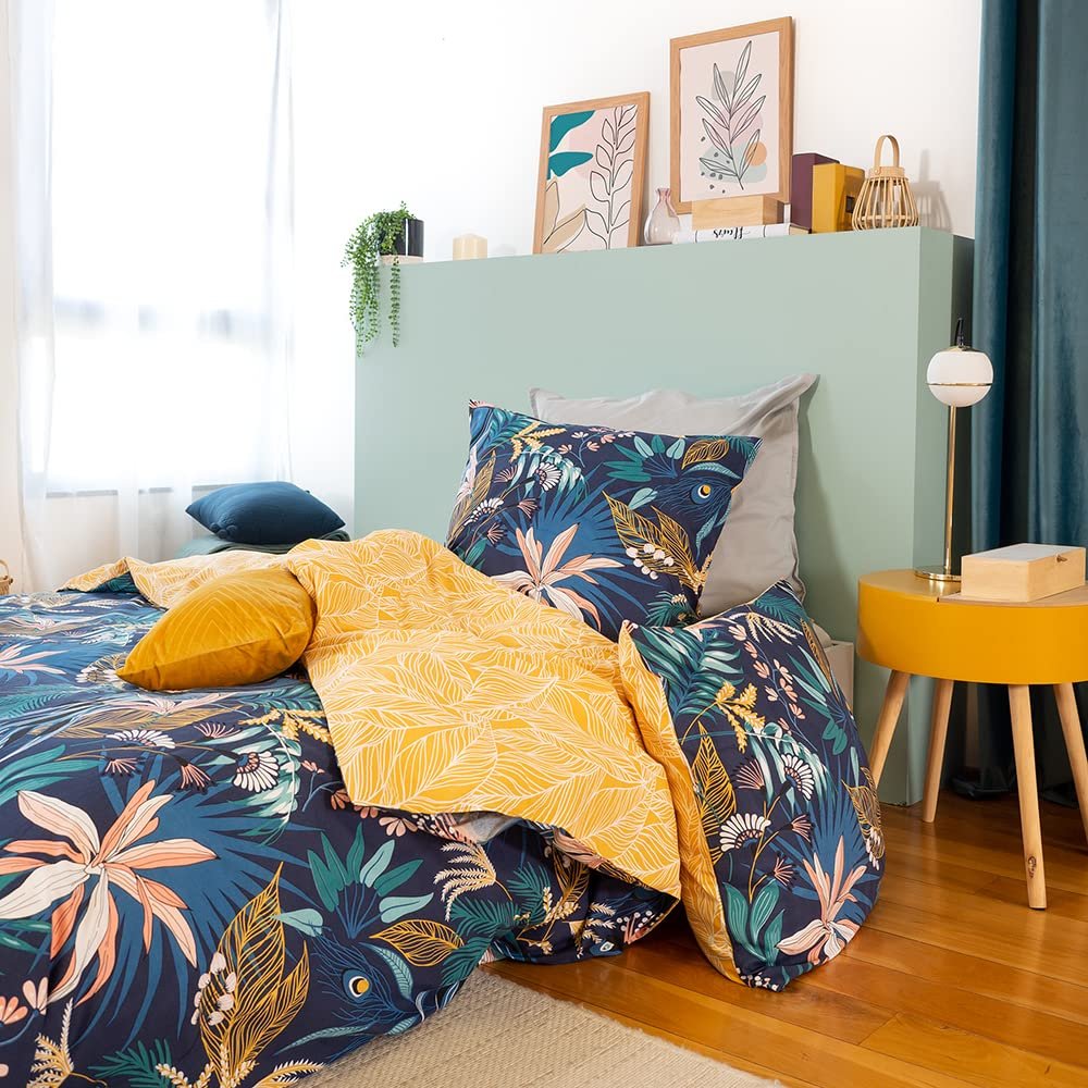 Підковдра CÔTE Deco Tropical Leaves 220 x 240 см + 2 наволочки 63 x 63 см, 100% м'яка бавовна, синій (240 x 220 см), фото №4