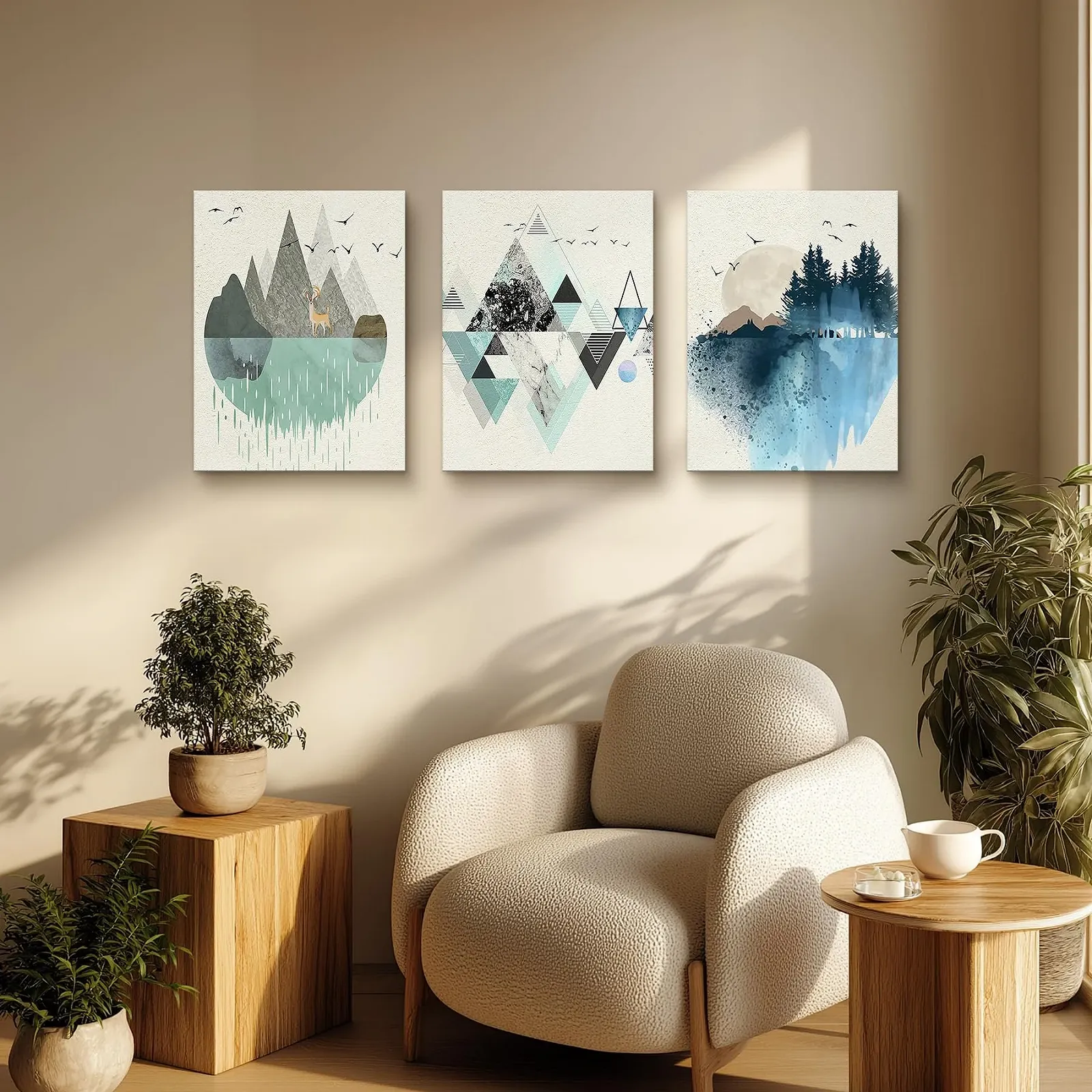 Картина на холсте hyidecorart Abstract Pictures Green and Blue Geometric Mountain Landscape Nordic Minimalist, фото №3