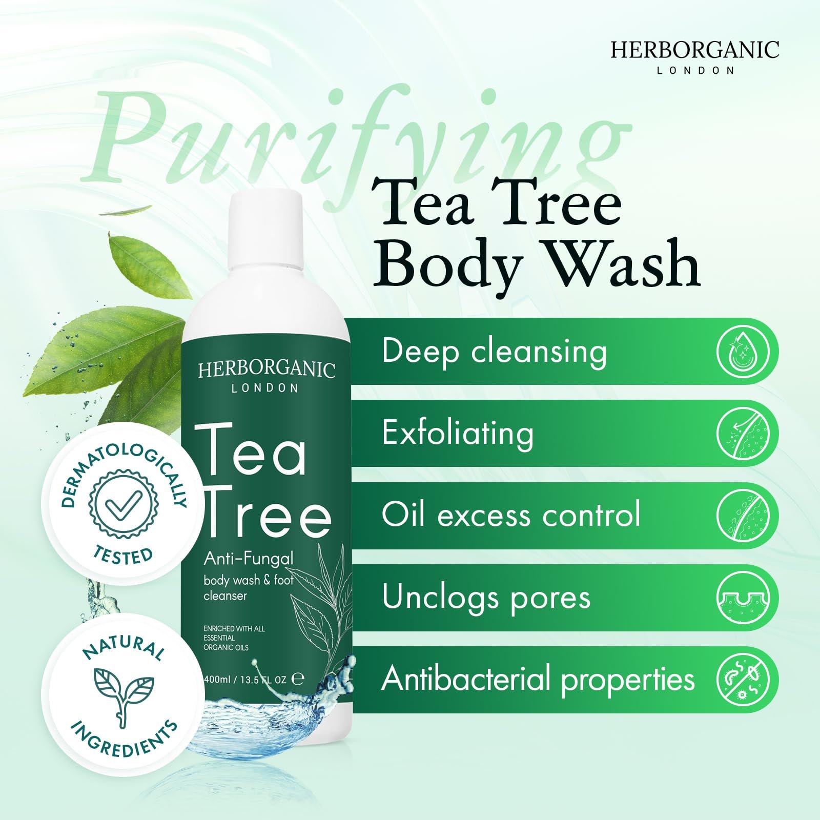 Гель для душу HerbOrganic Tea Tree антибактеріальний протигрибковий 400 мл, фото №3 Гель для душу HerbOrganic Tea Tree антибактеріальний протигрибковий 400 мл, фото №3