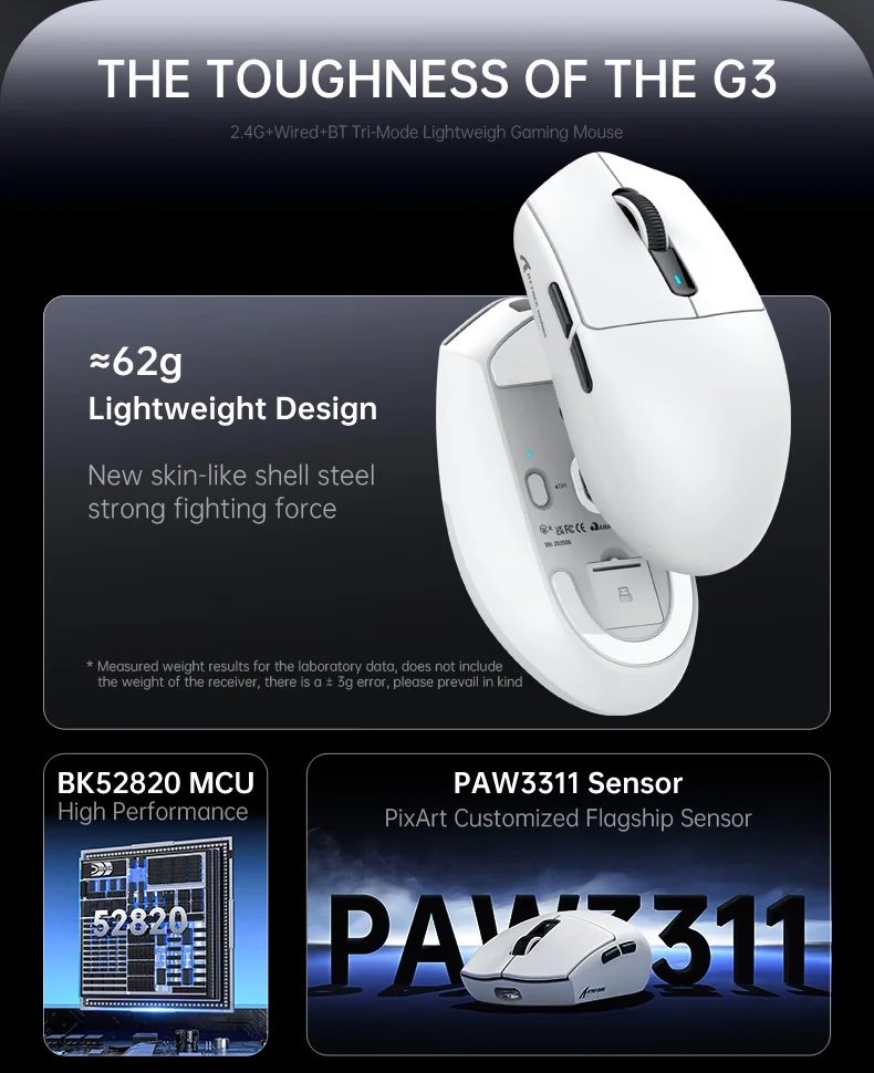 Мышь Attack Shark G3 Black 25000DPI PAM3311 Wireless Bluetooth, фото №11 Мышь Attack Shark G3 Black 25000DPI PAM3311 Wireless Bluetooth, фото №11