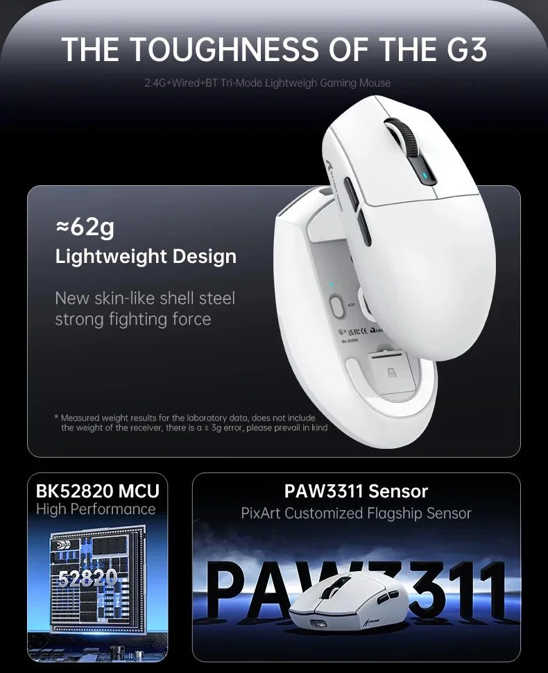 Комп`ютерна миша Attack Shark G3 Black 25000DPI PAM3311 Wireless Bluetooth, фото №11 Комп`ютерна миша Attack Shark G3 Black 25000DPI PAM3311 Wireless Bluetooth, фото №11