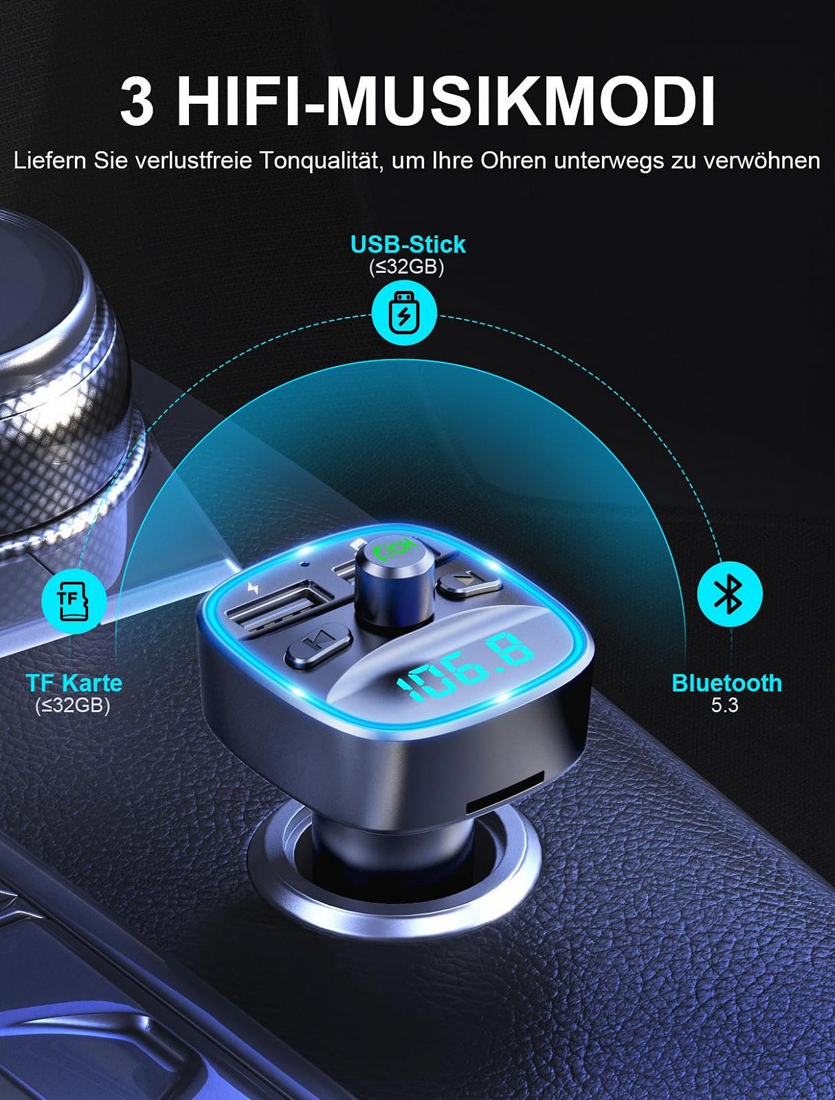 FM-трансмітер Bluetooth Mohard Адаптер Bluetooth для автомобіля Зарядний пристрій для автомобіля AV-адаптер з гучним зв'язком 2 USB порти (5V/2.4A & 1A) Підтримка USB-накопичувача та TF-карти Автомобільні підсилювачі потужності, фото №4