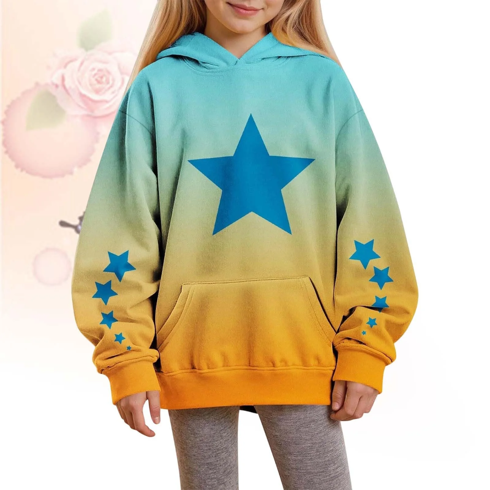 Пуловер Девочка Толстовка Худи с капюшоном Модный градиент Карман-кенгуру Пуловер Девочка Градиент выцветает Не 3-14 лет, фото №4