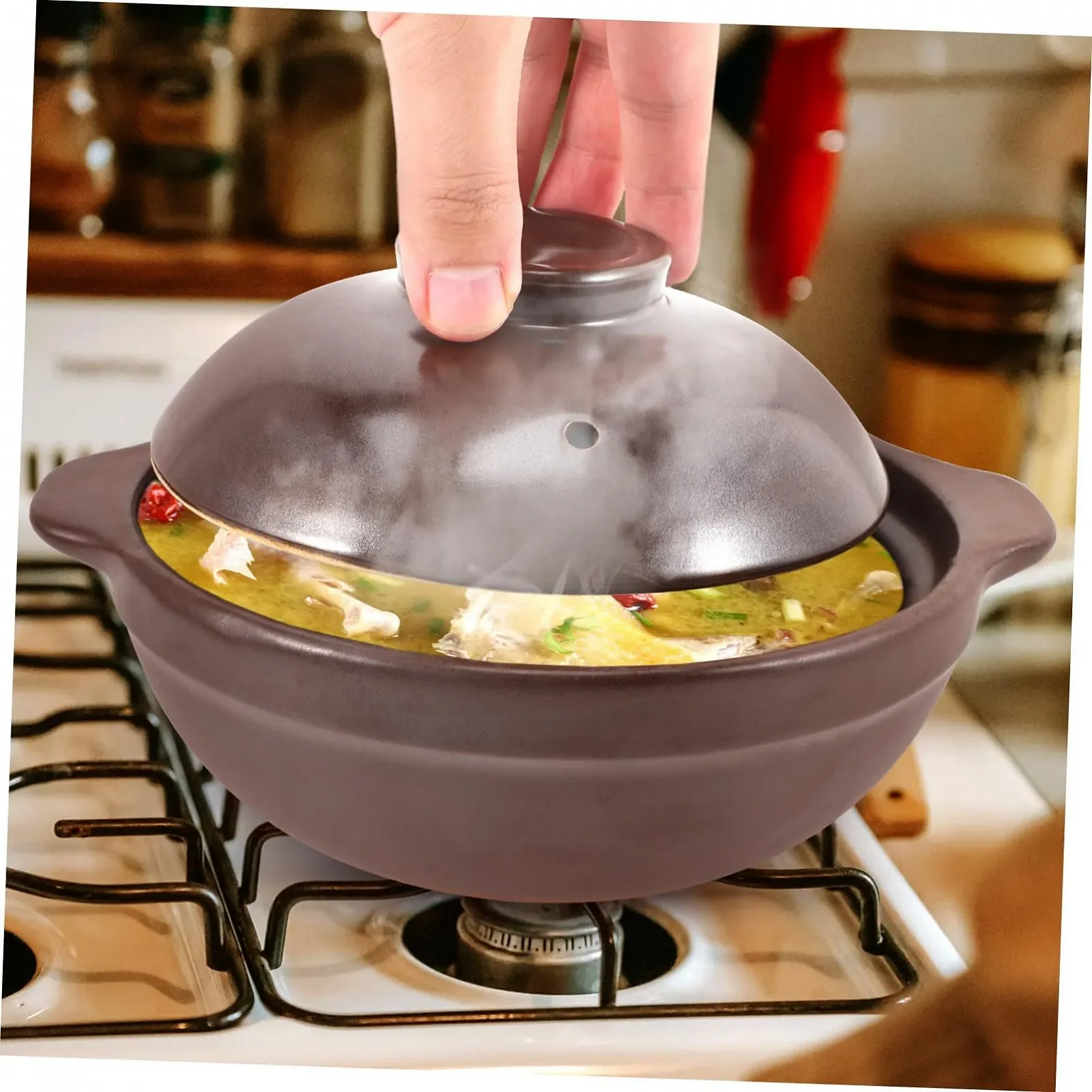 Горшок для запекания керамический жаропрочный с крышкой коричневый, фото №4