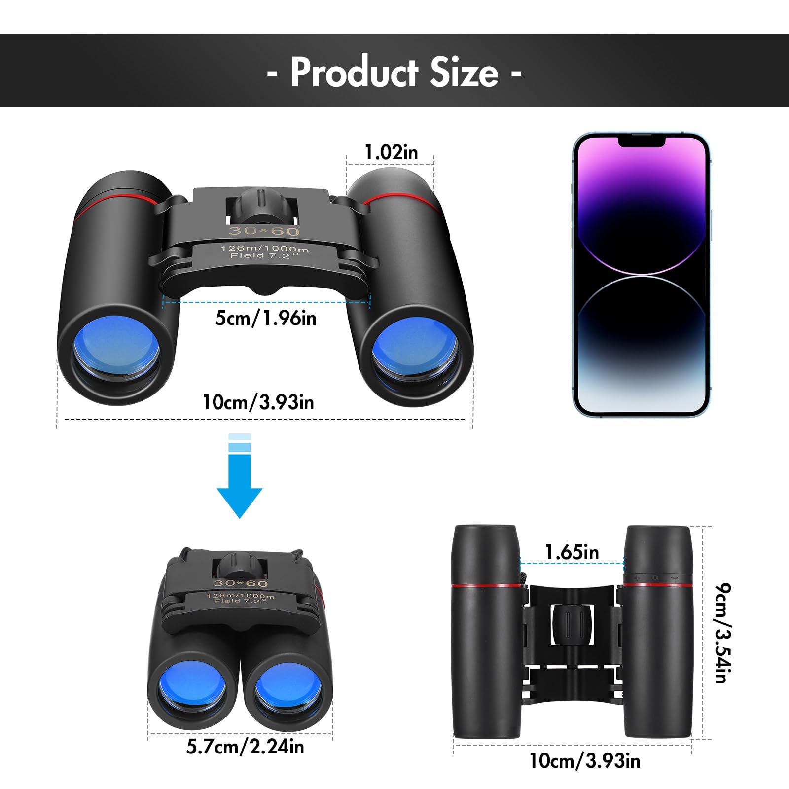 Бінокль HD Компактний 30x60 Нічне бачення Потужний складаний Бінокль Малий польовий огляд, фото №7