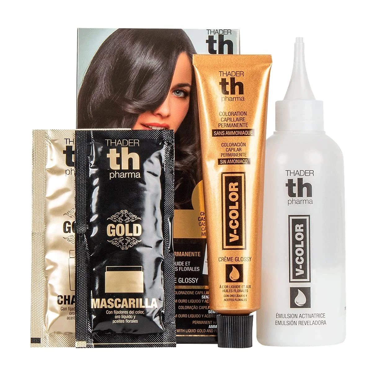 Фарба Th Pharma V-Color Перманентна Без аміаку Набір з Рідким Золотом 100% Покриття Сивини 120 мл (№ 4 Середній Коричневий), фото №2