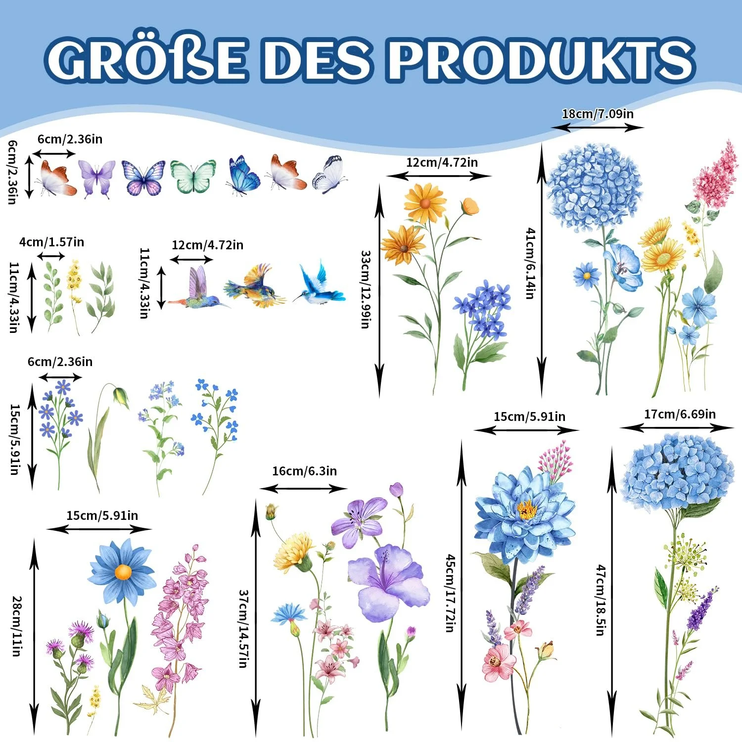 Наклейка на стіну Blue Flower and Bird знімна квіти та метелики вінілова Блакитна 90x30 см (2 шт.), фото №4