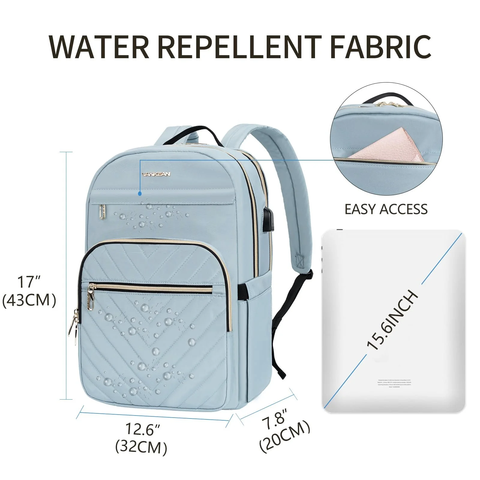 Рюкзак для ноутбука VANKEAN 15.6 Inch Waterproof USB Charging Port Світло-блакитний, фото №2 Рюкзак для ноутбука VANKEAN 15.6 Inch Waterproof USB Charging Port Світло-блакитний, фото №2