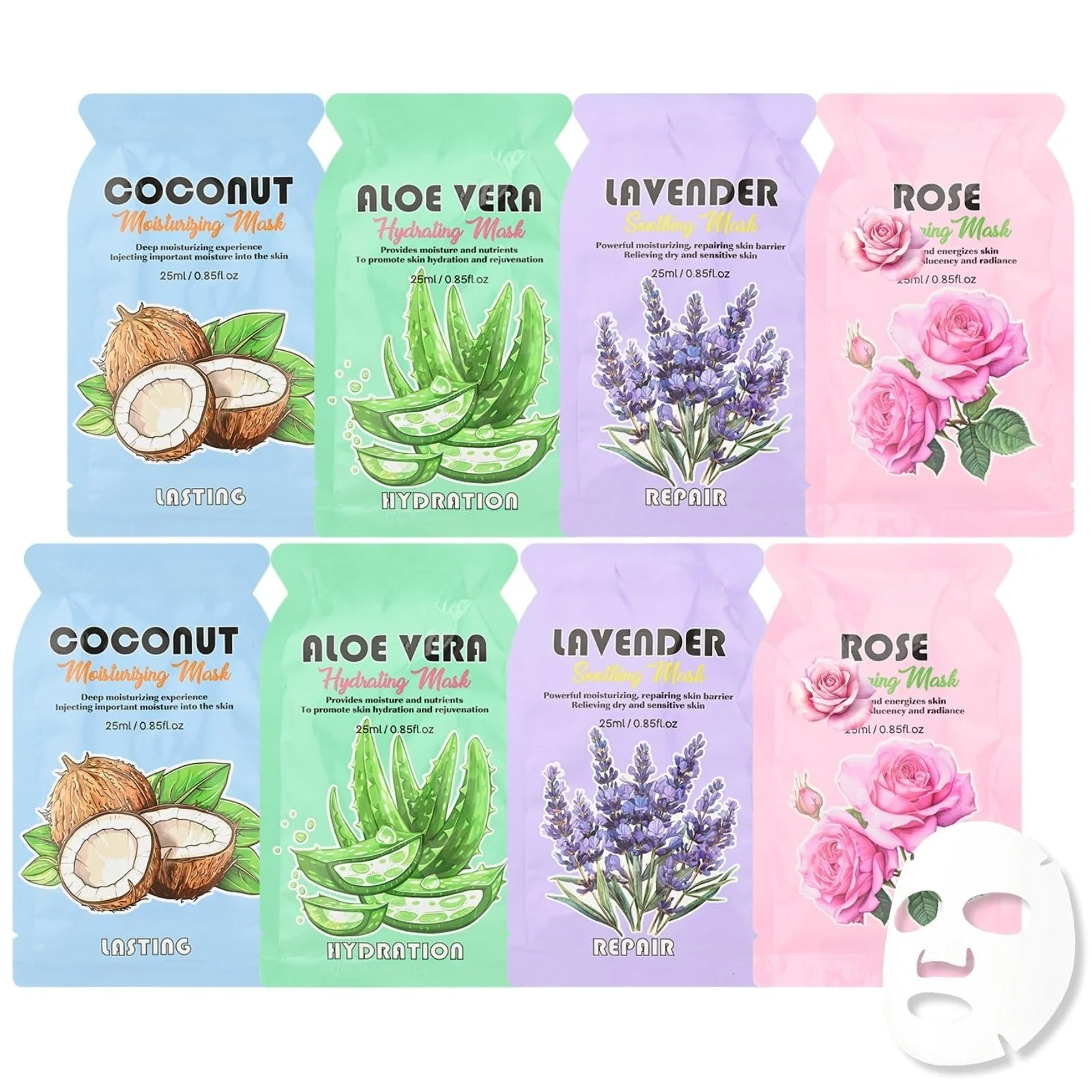 Набір тканинних масок для обличчя з кокосом, алое, лавандою та трояндою, 8 шт, фото №1