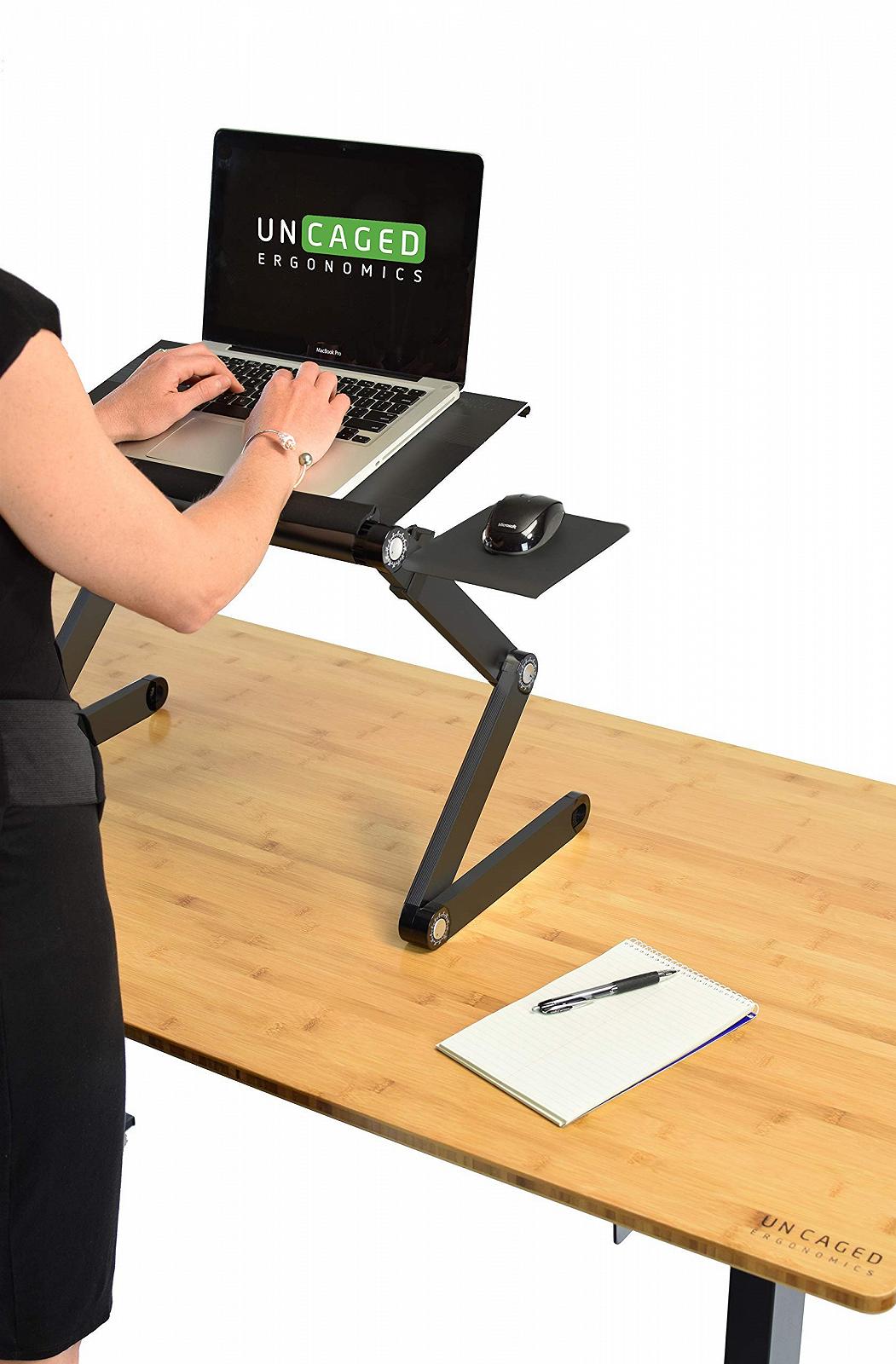 Регулируемая по высоте и углу наклона эргономичная алюминиевая подставка для ноутбука с охлаждением WorkEZ Cool, портативный стол для работы стоя, складной столик для ноутбука. 2 вентилятора + 3 USB порта, подкладка для мыши, фото №6