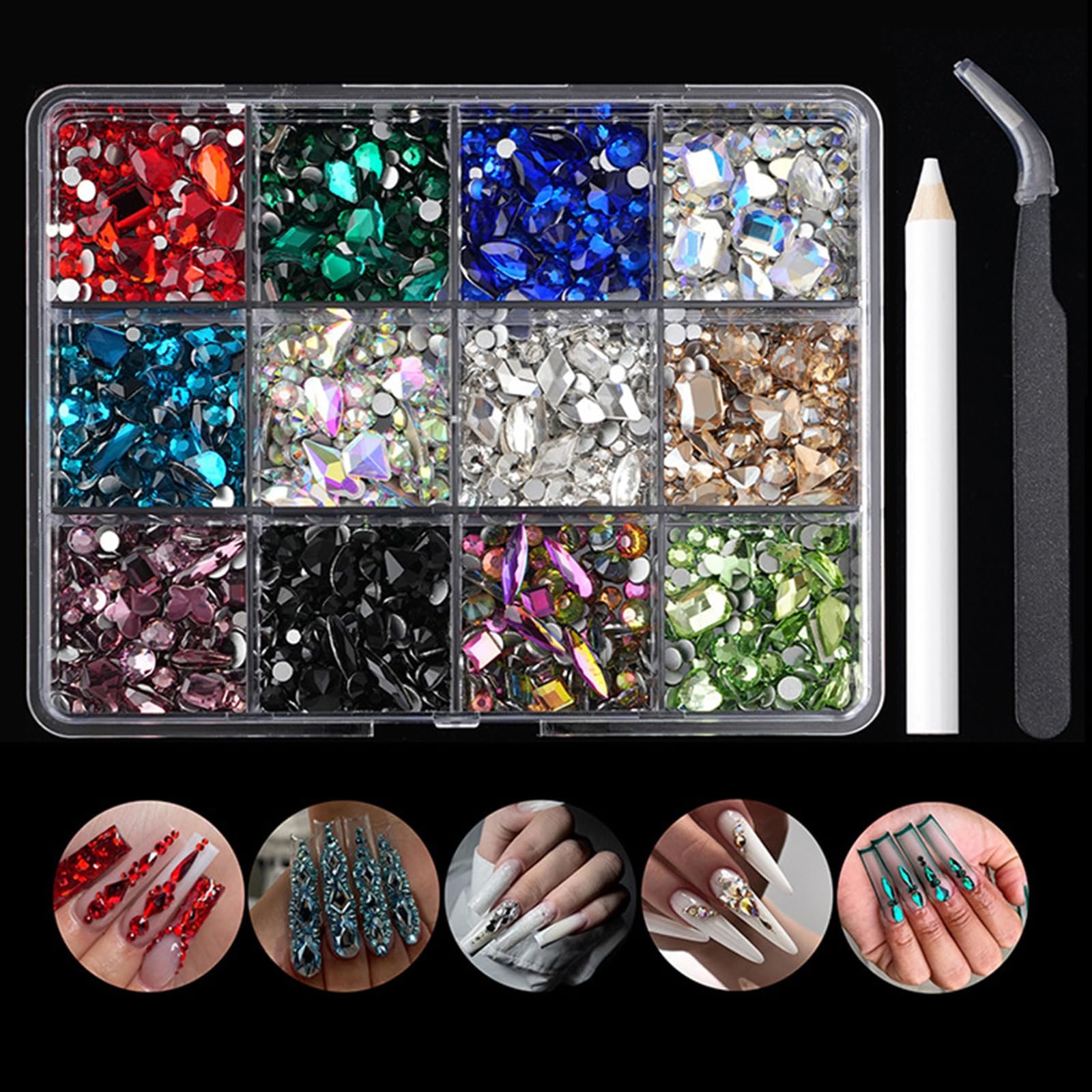 Стрази для нігтів Мікс стилів 12 сіток Камені з плоскою основою, фото №5