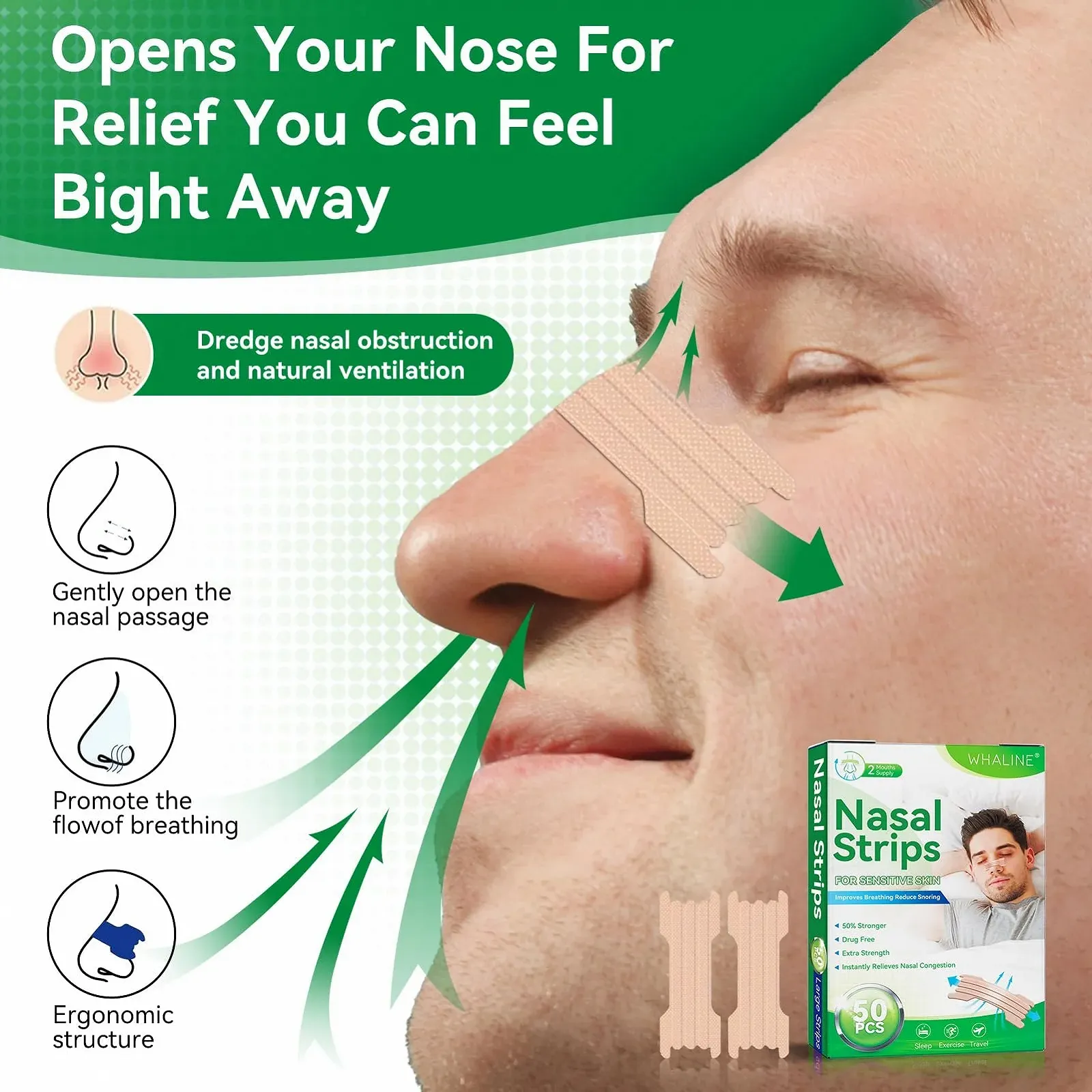 Пластыри для носа Whaline, 50 шт. Большие пластыри для носа от храпа для сна, для лучшего дыхания., фото №3