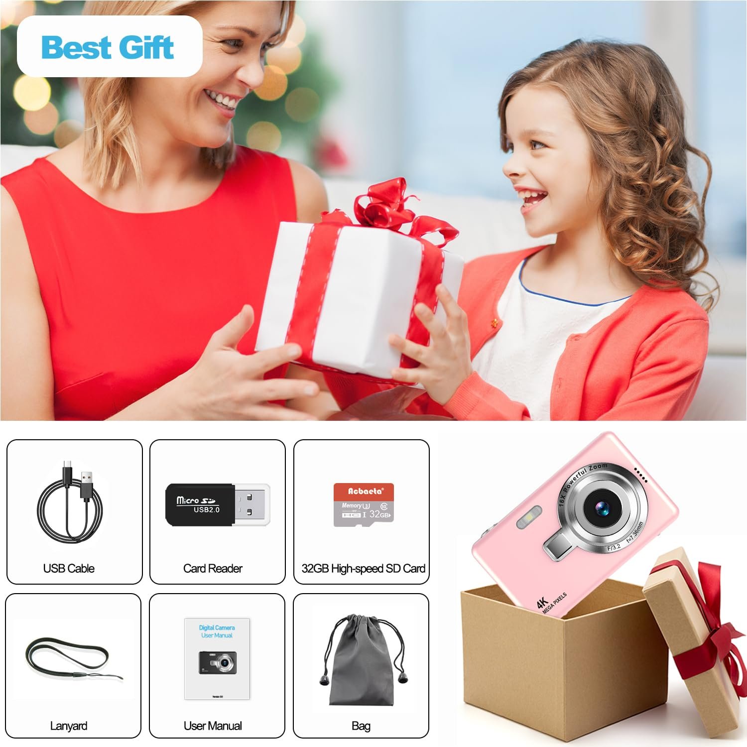 Цифрова фотокамера UHD 4K 50MP 32GB SD 16X Digital Zoom Pink, фото №7