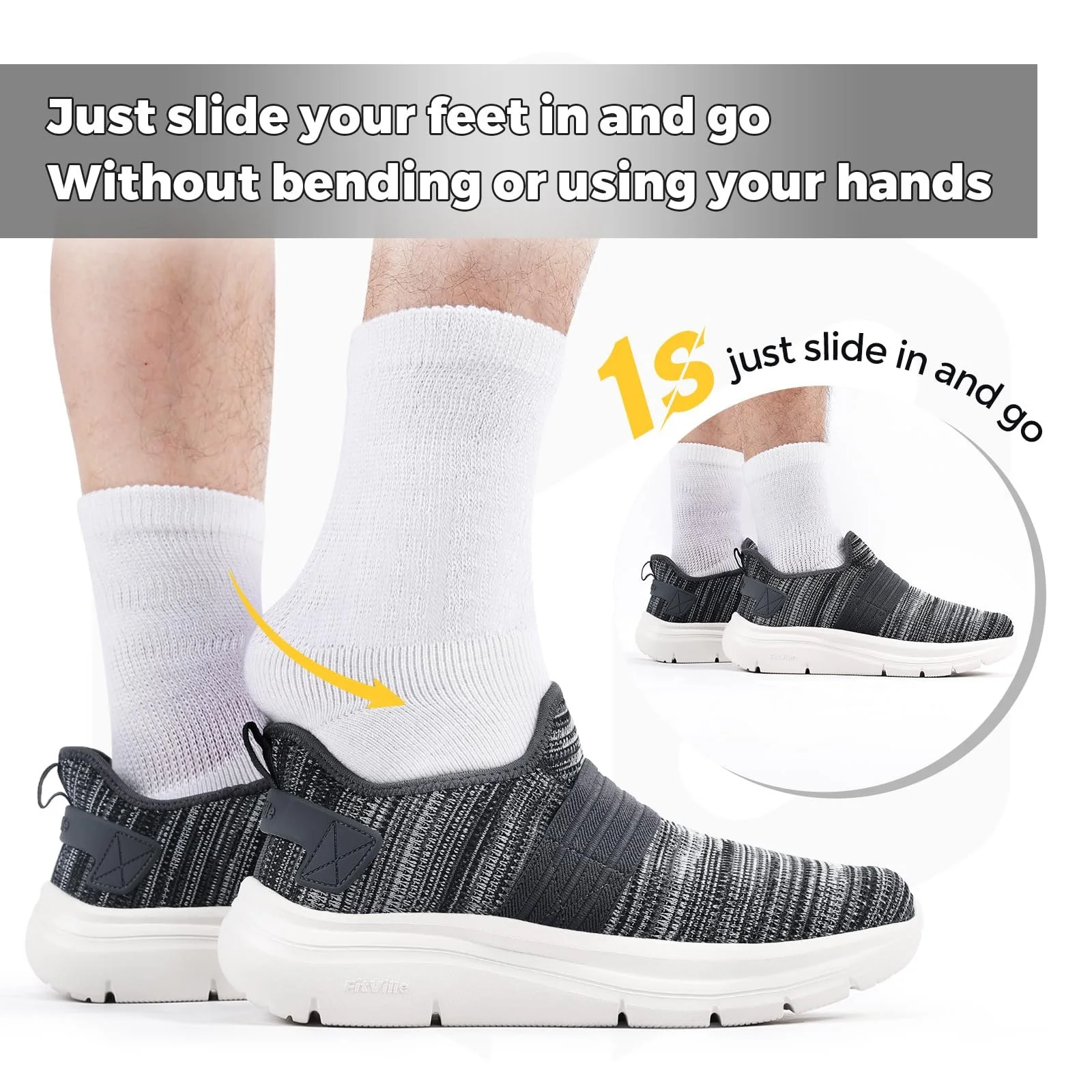 Кросівки FitVille Без шнурків Extra Wide Чорний, Сірий, фото №2 Кросівки FitVille Без шнурків Extra Wide Чорний, Сірий, фото №2