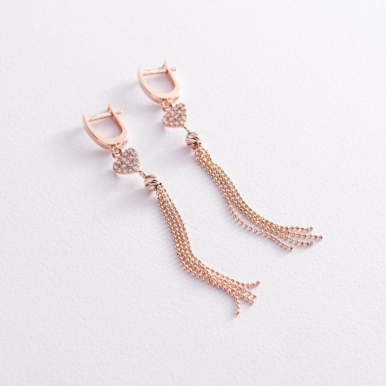 Золотые серьги Сердечки с цепочками фианиты с07826 Оникс, фото №1