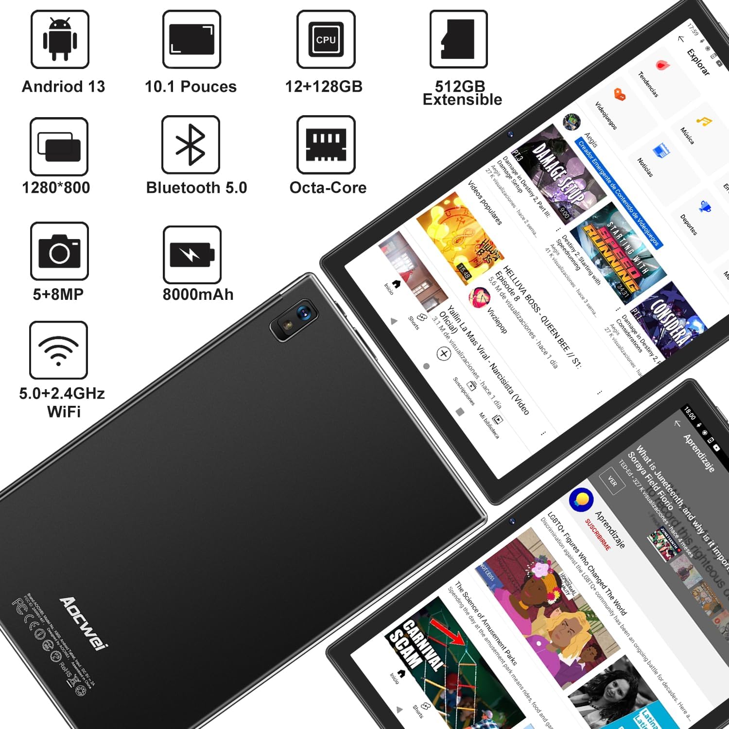Планшет 10.1" AOCWEI X900 (6+6)/128Gb 8 ядер Android 13 8000 mAh Чорний, фото №2 Планшет 10.1" AOCWEI X900 (6+6)/128Gb 8 ядер Android 13 8000 mAh Чорний, фото №2