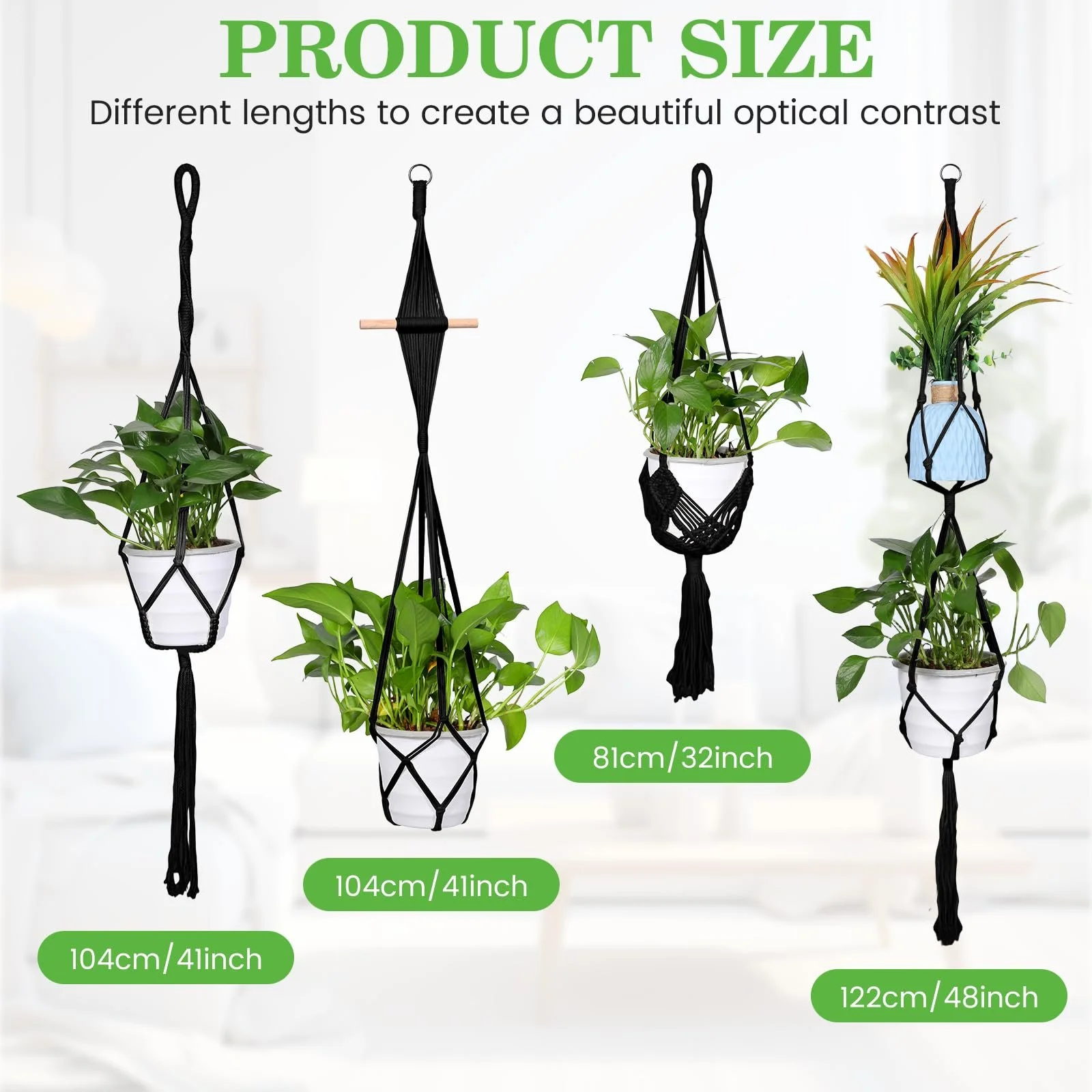 Подвесная корзина макраме Zorplex Набор 4 шт. Плетеный держатель Бохо Черная, фото №2