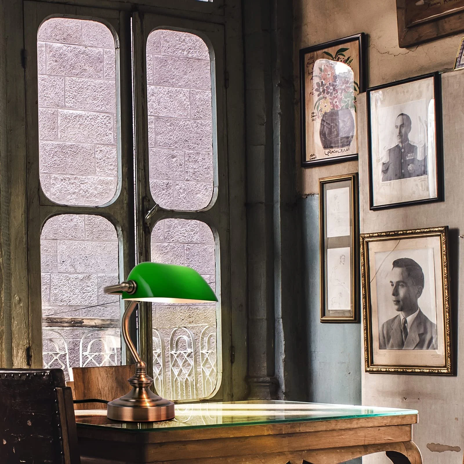 Настільна лампа FIRVRE Ретро Мала Банківська G9 Зелена Бронза, фото №7