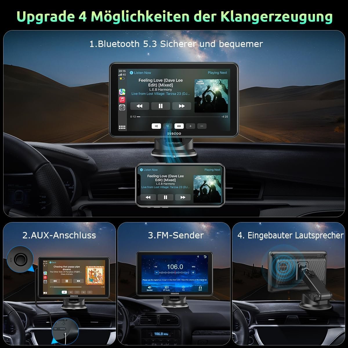 Автомагнітола ESSGOO 743CP / 7" / Сенсорная / Apple CarPlay / Android Auto / GPS / Bluetooth / AUX / USB, фото №5