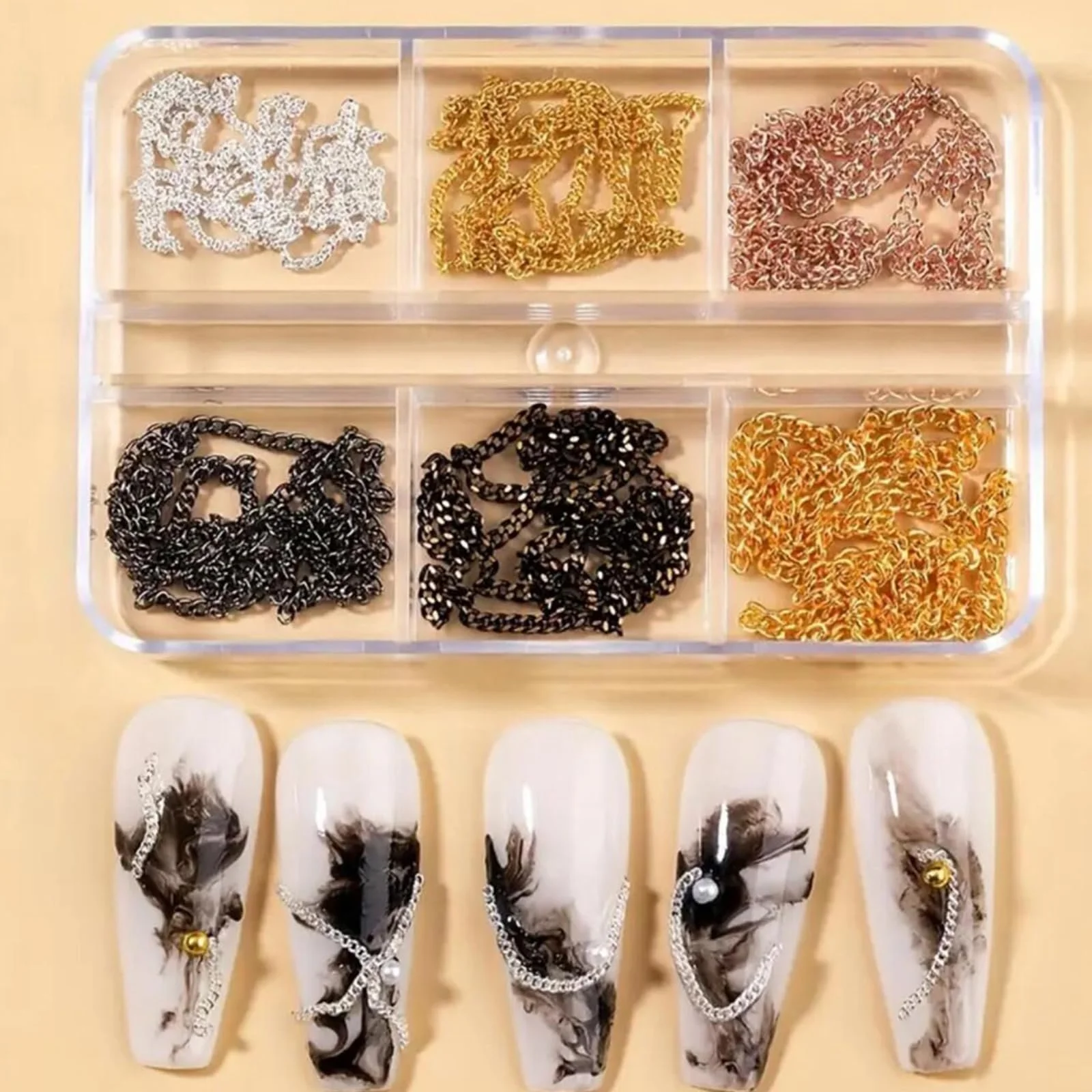 Металлические цепочки для дизайна ногтей Микс 6 ячеек Готические украшения в стиле рок Акценты для смелого маникюра Набор аксессуаров для ногтей в темных тонах, фото №4 Металлические цепочки для дизайна ногтей Микс 6 ячеек Готические украшения в стиле рок Акценты для смелого маникюра Набор аксессуаров для ногтей в темных тонах, фото №4