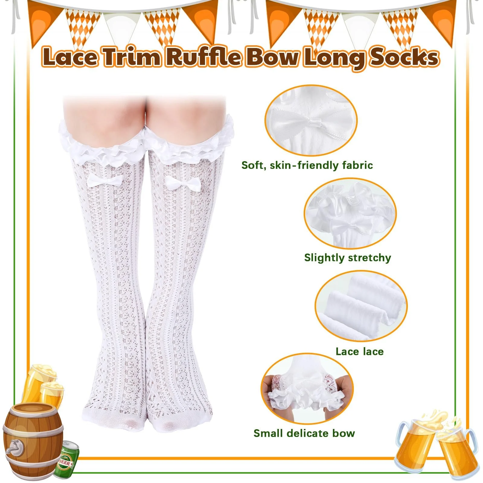 Sintege 2 пары костюмных носков женских Дирндль чулки с бантами и кружевной отделкой Белые костюмные гольфы выше колен, фото №3 Sintege 2 пары костюмных носков женских Дирндль чулки с бантами и кружевной отделкой Белые костюмные гольфы выше колен, фото №3
