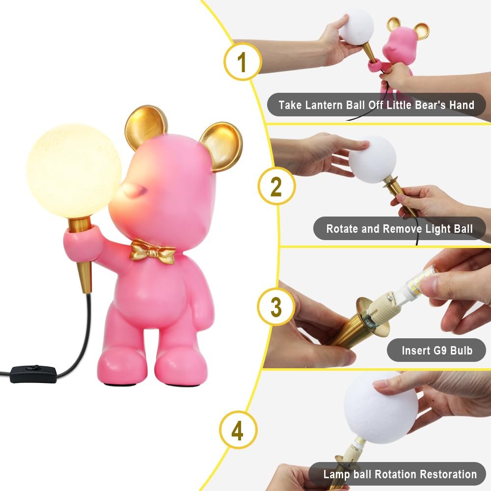 Настільна лампа YESINTO у формі ведмедя зі смоли рожева G9, фото №6