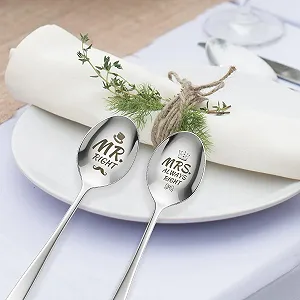 Кофейная ложка Mr and Mrs Spoon с гравировкой Mr Right Mrs Always Right, из нержавеющей стали, подарки, свадебные подарки для молодоженов, подарок 2025, десертная ложка с подарочной коробкой - Фото 1