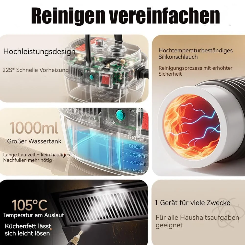 Портативний ручний пароочисник 2500 W 3 бар з баком 1 л 105°C head, фото №3