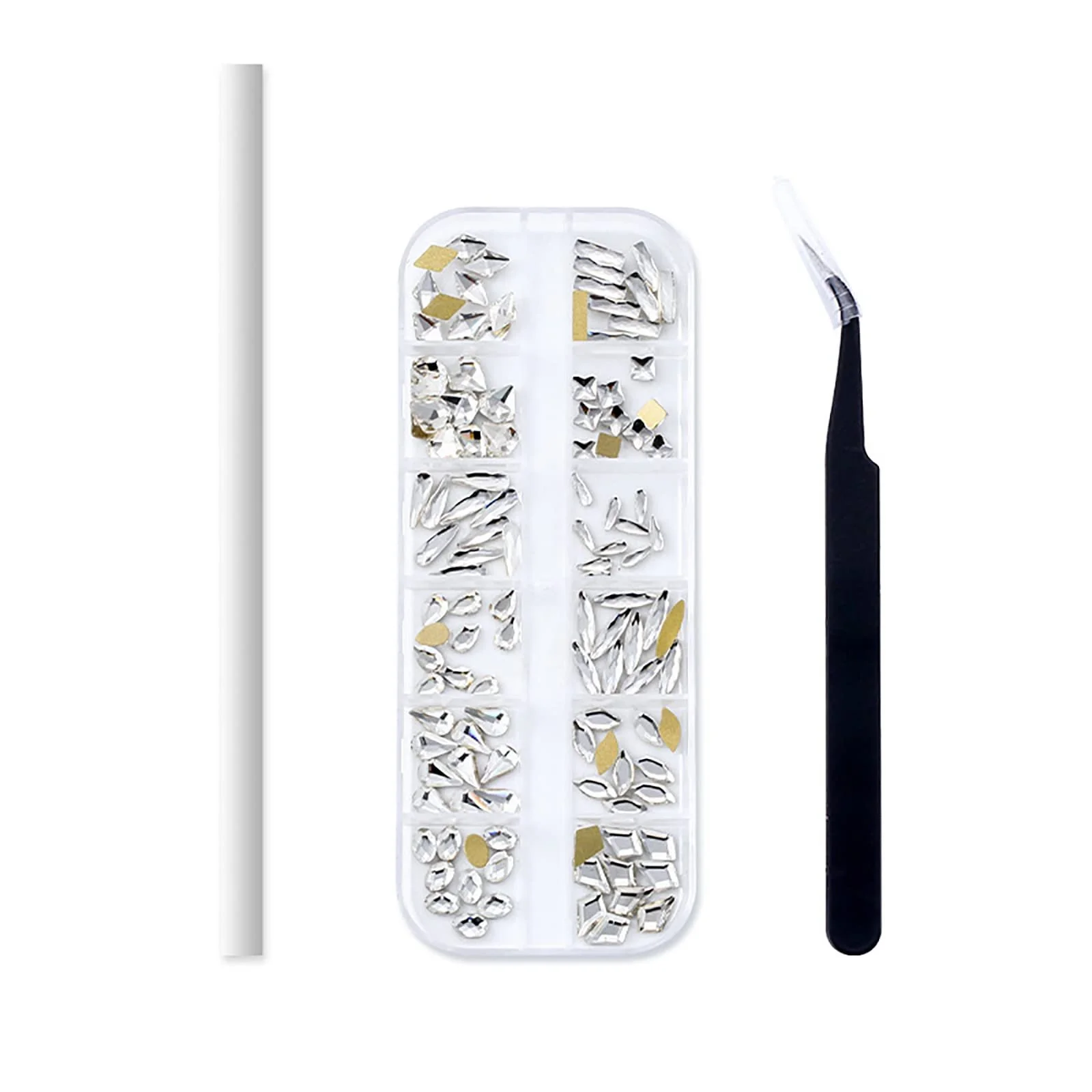 Набір страз для нігтів Білий 12 комірок Різні форми, фото №1