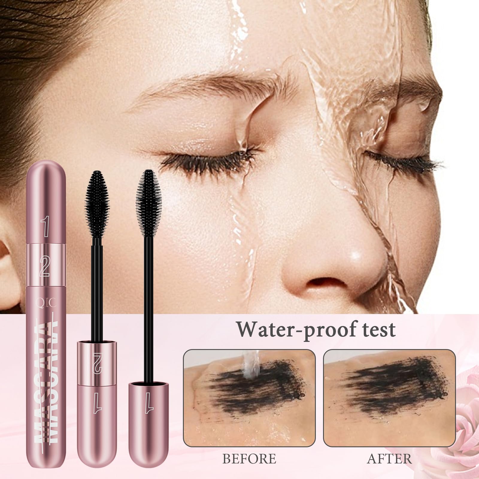 Mascara телескопическая 4D 2-in-1 водостойкая, устойчивая к поту и не смазывается, чёрная, фото №5