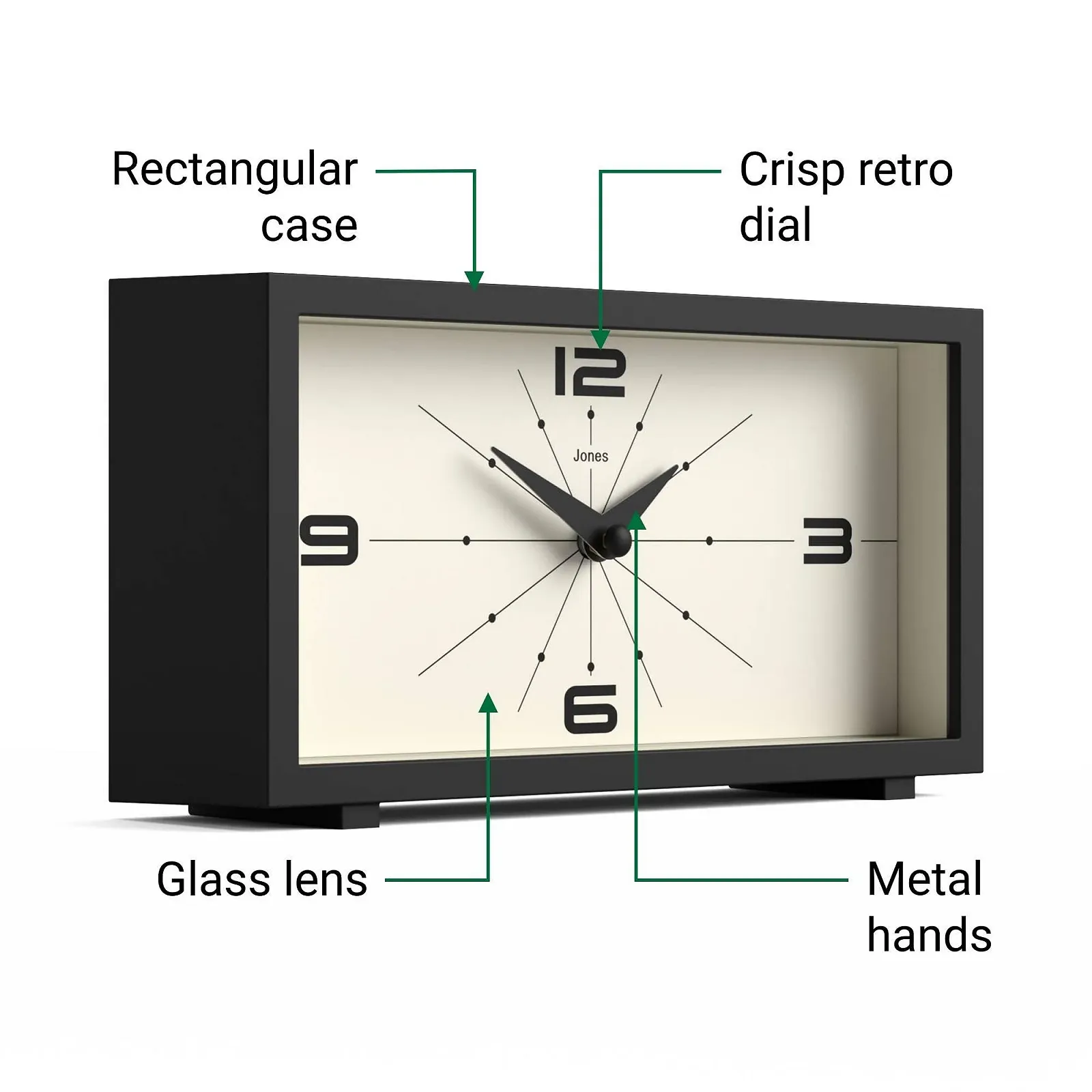 Настольные часы JONES CLOCKS Odeon, современный прямоугольный дизайн, черный, стильный ретро-вид, фото №6 Настольные часы JONES CLOCKS Odeon, современный прямоугольный дизайн, черный, стильный ретро-вид, фото №6