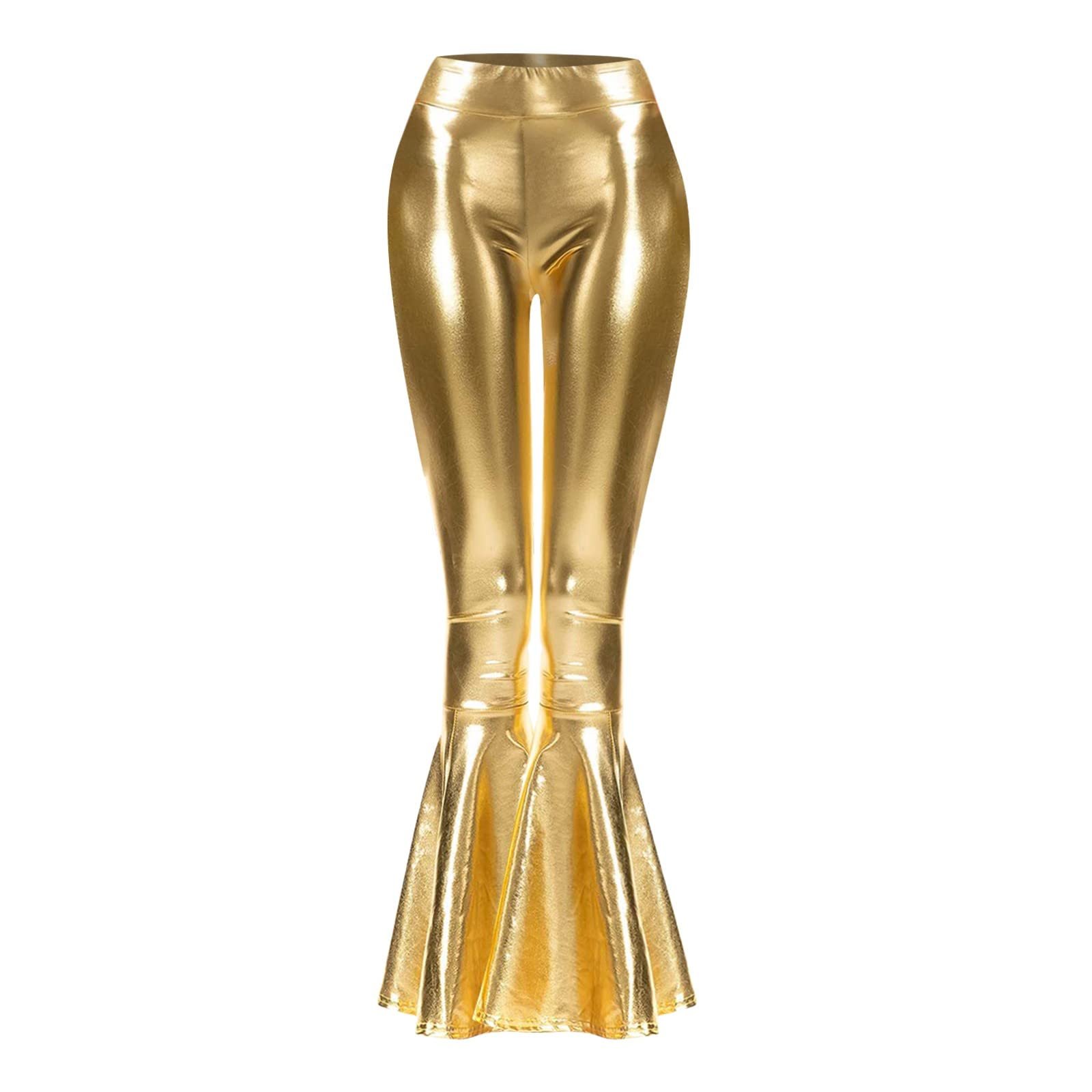 Жіночі блискучі кльош з високою талією Sexy Metallic Leggings Срібні легінси Hippie 70-х Glitzer Довгі Wet Look еластичні танцювальні Для вечірки танцювальної дискотеки клубного одягу карнавальний костюм, фото №4