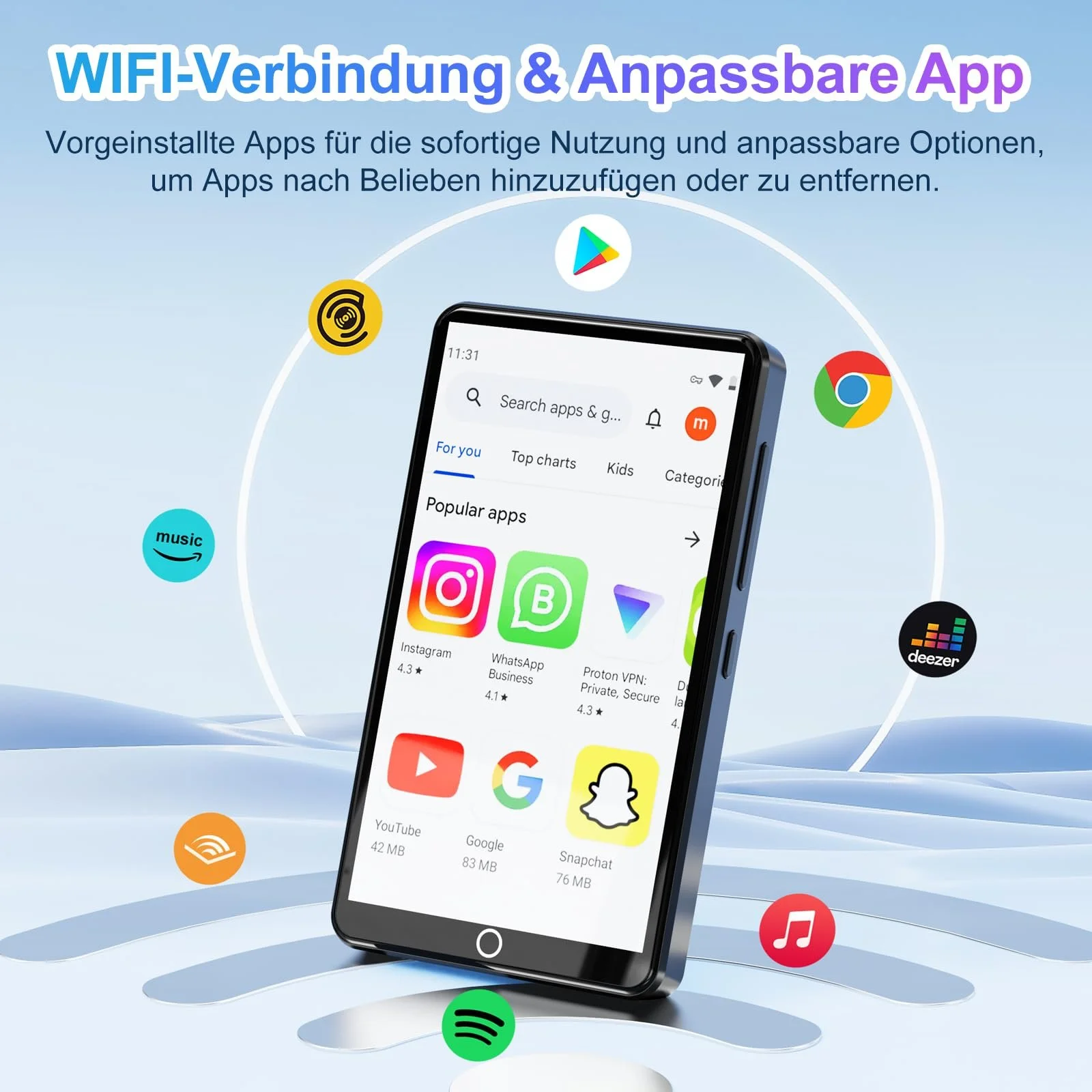 MP3 плеєр з Bluetooth і WiFi 80 GB, сенсорний екран 4.02 дюйма, з камерою, Android, Spotify, Audible, Amazon Music, Deezer, HiFi, з динаміком, FM-радіо, фото №2