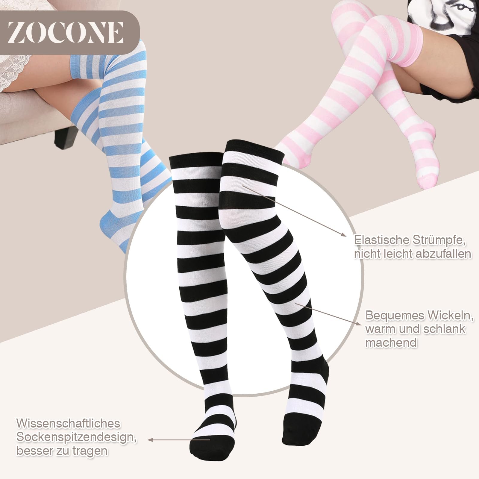 Гольфы ZOCONE Полосатые выше колена 4 пары Разноцветные Женские хлопковые очень длинные носки-гольфы полосатые гетры для тепла, разноцветные, фото №3