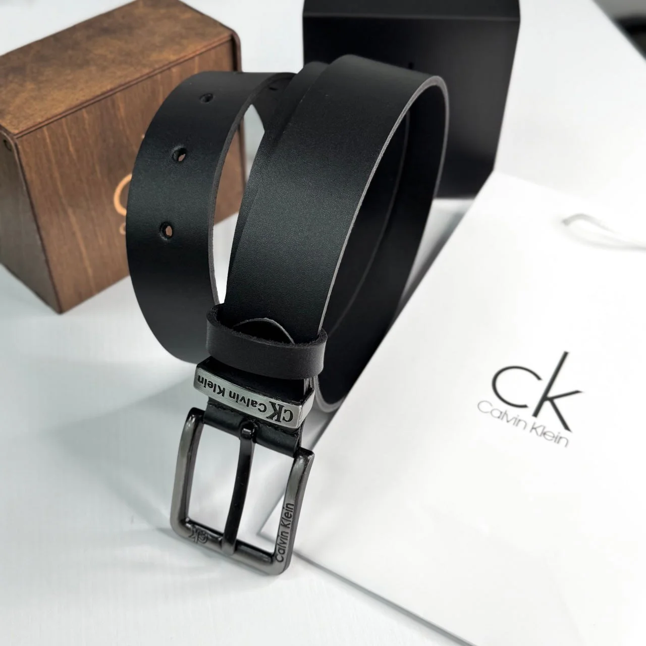 Чоловічий ремінь Calvin Klein чорний шкіряний пояс, фото №5