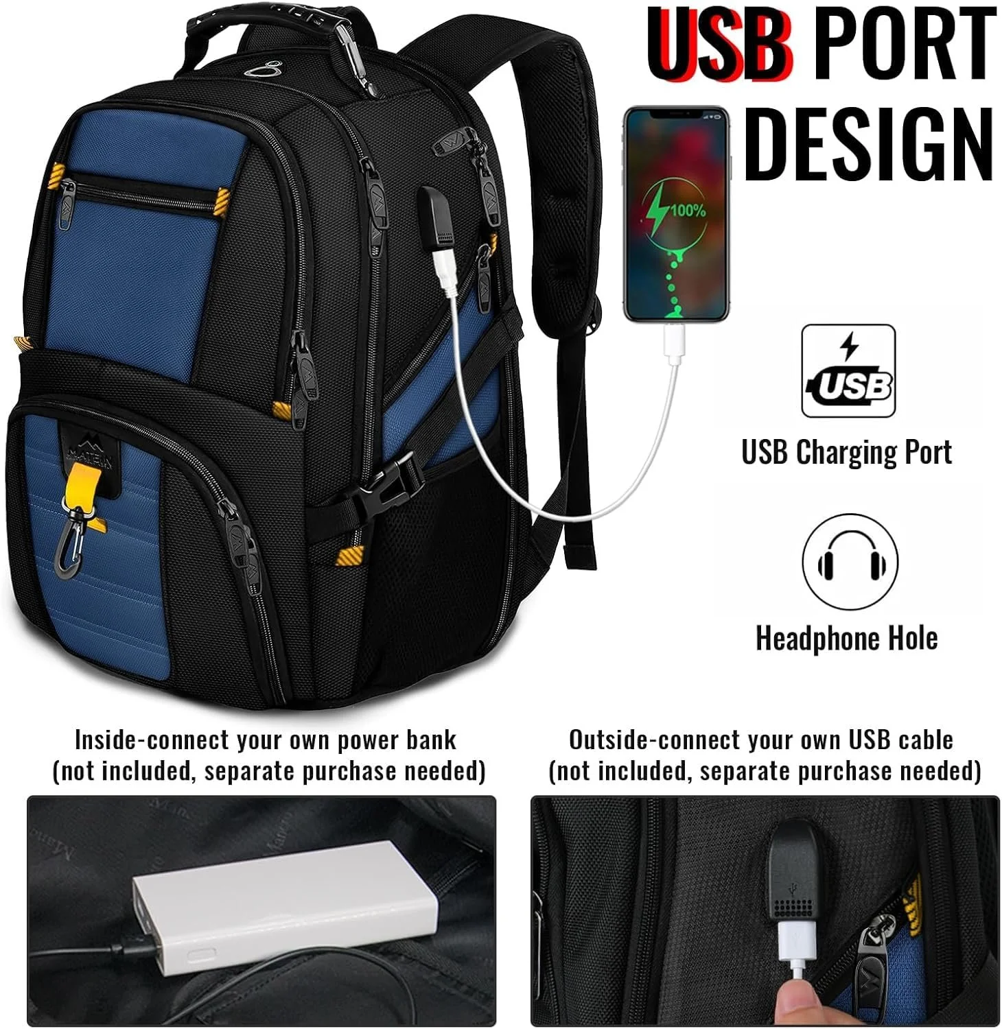 Рюкзак для ноутбука MATEIN 18.4" 55л USB водонепроницаемый антивор королевский синий, фото №3