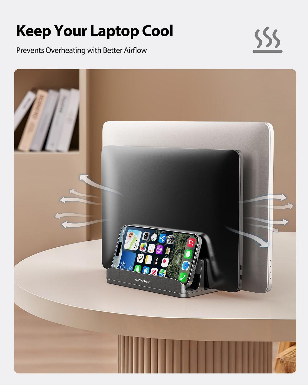 Вертикальная Подставка для Ноутбука AboveTEK, Держатель для Ноутбуков до 17.3 дюймов, Алюминиевая Подставка для Ноутбука 4 в 1, 3 Слота Нескользящие Силиконовые Ручки для MacBook/Ноутбука/iPad/Планшета/Телефона, Серый, фото №7
