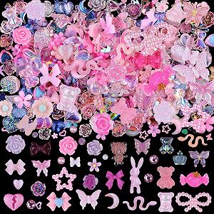 Форми тварин (ведмедик, змія, кролик, олень), метелики, квіти троянди, персики, банти, спідниці з епоксидної смоли, 100 шт, рожевий колір - Фото 1